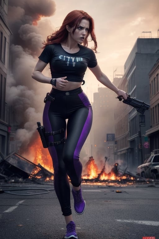 (high quality, masterpiece, heroic pose, Resident Evil video game cover image)woman slim body running for her life, running desesperante, european face anatomy and physiognomy,  redhead woman long hair. Style of Resident Evil,  Raccoon city, street background destriot, a gun in hand ready to shoot, shootgun,  (cinematic  Resident Evil),  (Saturation  colors,  dim colors,  soothing tones:1.3),  low saturation,  natural redhead me woman long, Loose long red hair, angry and tension expression in eyes,  the color of eyes green like jade,  and the test of the uniform tall,( Custome Black pants, pants black) ( T Shirt Purple color. color Of the purple t-shirt ) (City destroyed in flames, City full of zombies))