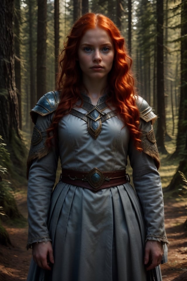 A 16-year-old Merida, with fiery red hair and porcelain-white skin, gazes innocently ahead, her bright blue eyes sparkling. She wears a dark Celtic coat, complete with intricate travel clothing, and holds a small dagger in her hand. Framed against a medieval forest backdrop, the youthful warrior's facial expression remains angry and untouched by the world around her.

Sword in hand