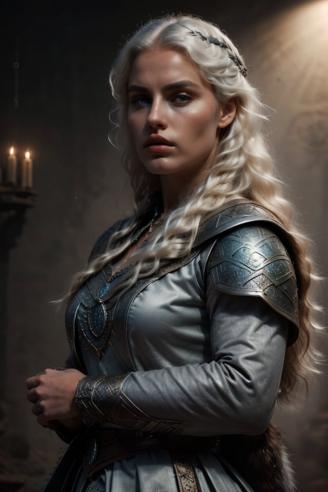 (medieval imagen, epic pose like a poster movie, (Fondo de imagen aldea medieval lámparas de papel de deseos flotantes, cielo nocturno) , 1 Woman face like Ciri, cirilla beautiful face eropean angelical face, with platinum hair, platinum very long hair,  white skin, púrple eyes biger, labios borgoña, Cold colors, cold lighting) 
and Nordic-inspired clothing featuring animal hides, herself in a luxurious fur-lined coat, the texture of which resembles an osso's pelt.

