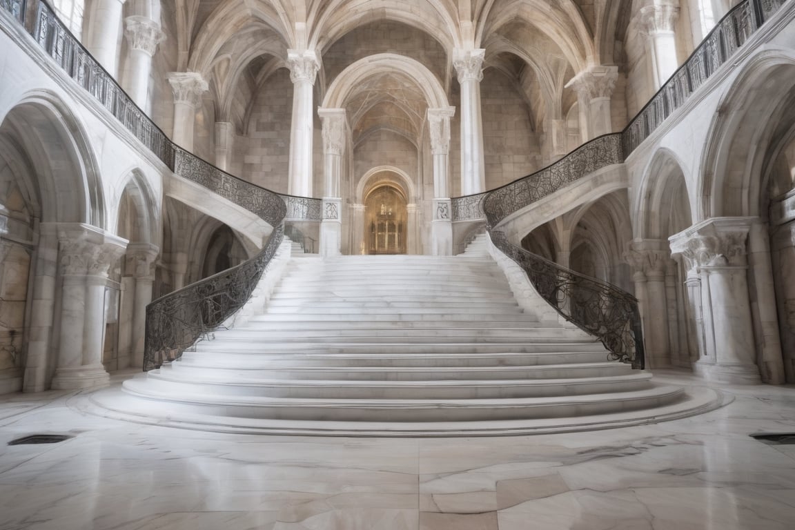 Olympic castle  gran escalera de dimensiones descomunales amplias de mármol blanco, Esculturas  de mármol blanco en las barandas de mármol, ventanales amplios, opulencia, Howards of Harry Potter castle reference, (white walls) techo alto