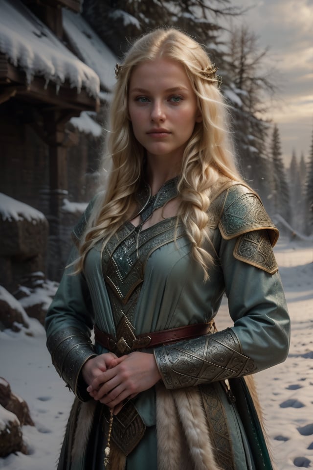 Medieval ofensiva position Small dagger in hand (14 year old blonde teenager) youthful face and body) beautiful girl with very long blonde hair, emerald green eyes (emerald green eyes).
Travel clothing and Celtic coat, and Nordic-inspired clothing featuring animal hides, stands beneath a snow-capped landscape as she wraps her arms around herself in a luxurious fur-lined coat, the texture of which resembles an osso's pelt.

Innocent face expression, (medieval image forest, medieval Celtic theme) 