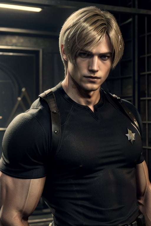 RE4Leon Blonde man, Tall and strong man dressed as SWAT uniform black, he got Blonde hair, Blonde men. SWAT uniforme of usa black. Beautiful strong man, defined muscles marked on clothes
