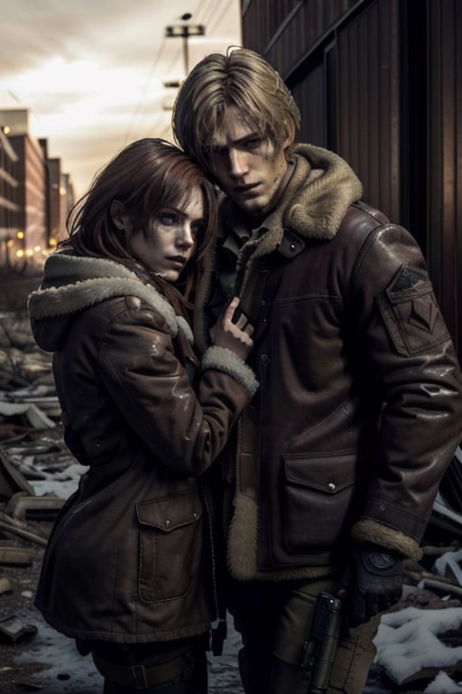 (high definition, saturated color, masterpiece Quality, epic pose of couple  in the apocalypse, abandoned city of Boston, winter in city of Boston)

Couple, of blonde man RE4Leon tall protecting a redhead woman beauty  with longer hair Saturated red hair . Couple men AND women in the apocalypse, the woman next to the blonde man is redhead.

Protective attitude and face with stress, The men hands with weapond Assault rifle.

