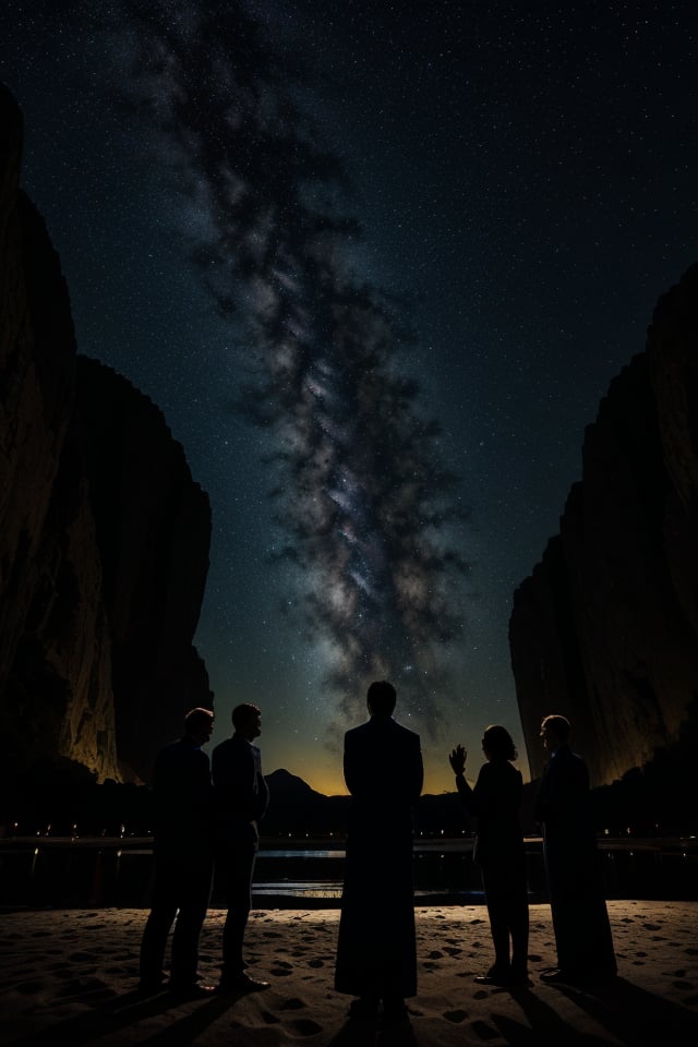 A midnight backdrop of twinkling, star-like figures with human forms illuminate the darkness. Amidst this celestial canvas, a gathering of silhouetted adults stands at attention, their features aglow with an otherworldly light. The stars' gentle glow casts an ethereal ambiance, as if the very fabric of the night sky has been woven into a tapestry of wonder.