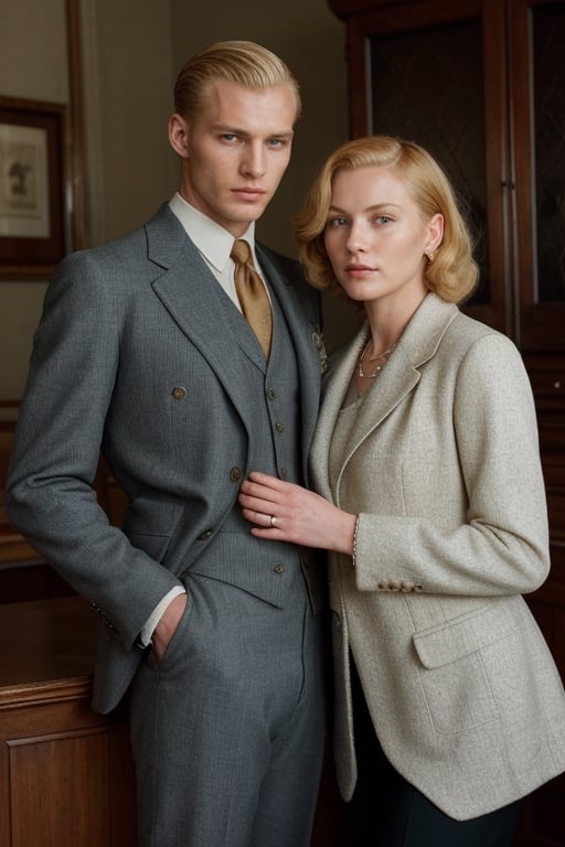 (high image quality, intricate details, inspiration on 1940,holding His wife with red-hair)
Tall attractive young man, Beautiful but manly face, blonde hair, angelic face, blue-eyed blond handsome man. Mafia boss, vintage suit from the 40s, vintage home, intimidant eyes, ,RE4Leon,re2leon