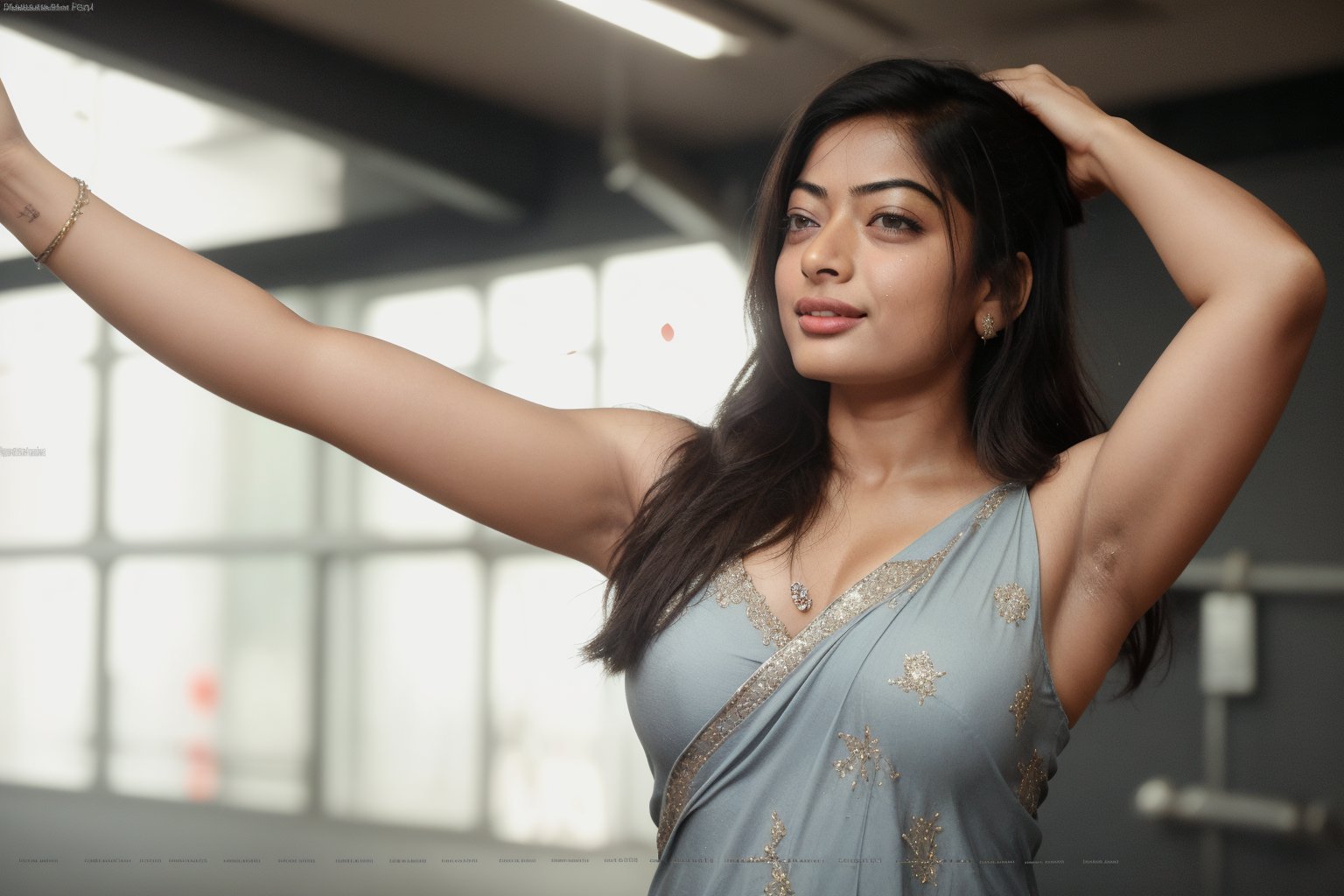 busty rashmika taking a selfie raising her arms, sleeveless, shoulder length hair, pokies, armpit_crease, armpit_folds, showing_armpits, armpits, armpit_sweat, upper body, close up on armpits, high_resolution_skin, photorealistic