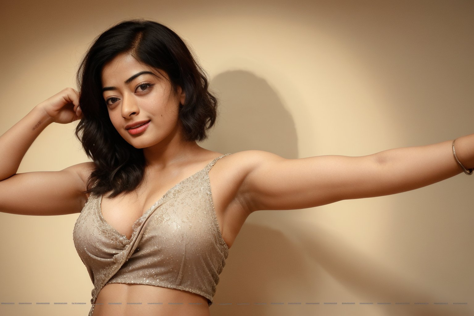 busty rashmika taking a selfie raising her arms, sleeveless, short curly hair, pokies, armpit_folds, showing_armpits, armpits, armpit_sweat, upper body, showing armpits, armpit_crease, close up on armpits, high_resolution_skin, photorealistic