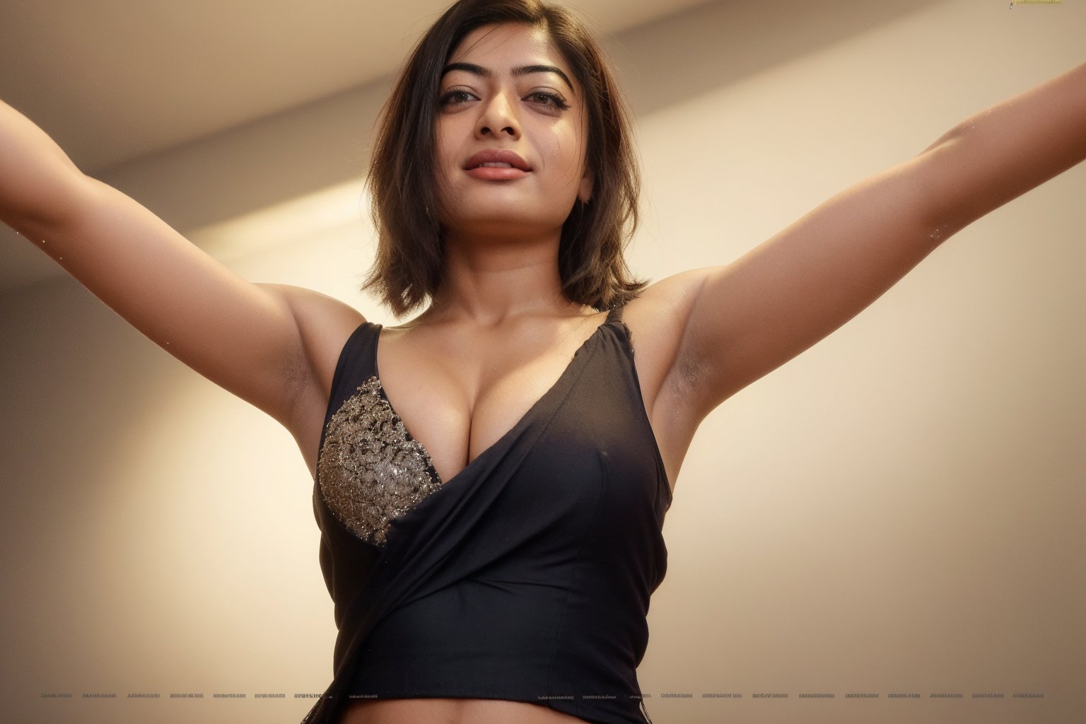 busty rashmika taking a selfie raising her arms, sleeveless, short shaggy hair, pokies, armpit_folds, showing_armpits, armpits, armpit_sweat, upper body, showing armpits, armpit_crease, close up on armpits, high_resolution_skin, photorealistic