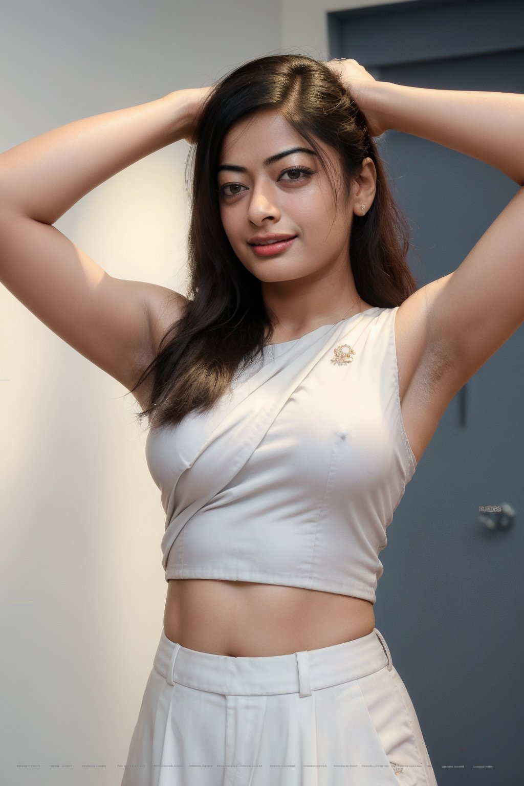 busty rashmika taking a selfie raising her arms, white sleeveless_shirt , pokies, armpit_folds, showing_armpits, armpits, armpit_sweat, upper body, showing armpits, armpit_crease, close up on armpits, high_resolution_skin, photorealistic