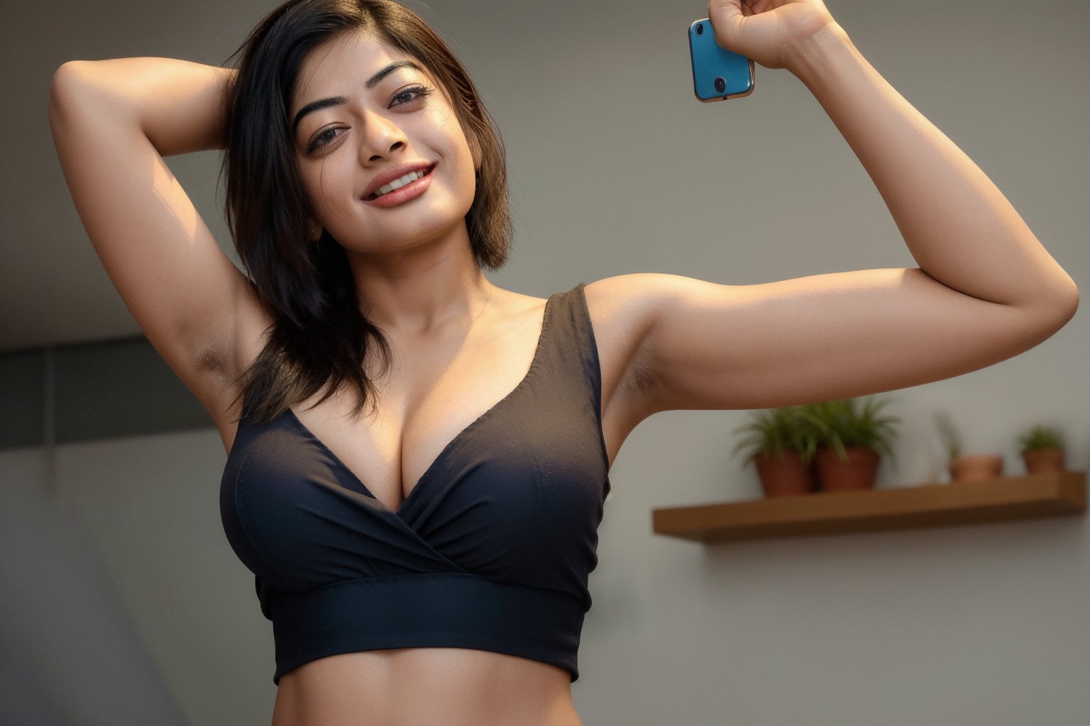 busty rashmika taking a selfie raising her arms, sleeveless, short shaggy hair, pokies, armpit_folds, showing_armpits, armpits, armpit_sweat, upper body, showing armpits, armpit_crease, close up on armpits, high_resolution_skin, photorealistic