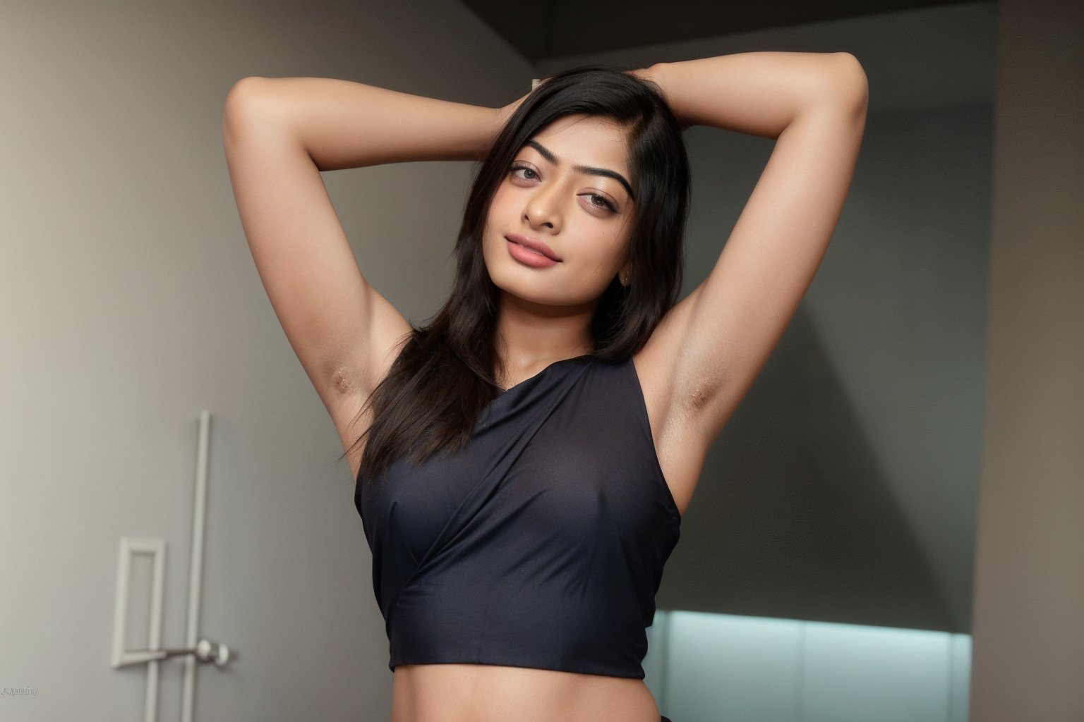 busty rashmika taking a selfie raising her arms, sleeveless, shoulder length hair, pokies, armpit_folds, showing_armpits, armpits, armpit_sweat, upper body, showing armpits, armpit_crease, close up on armpits, high_resolution_skin, photorealistic