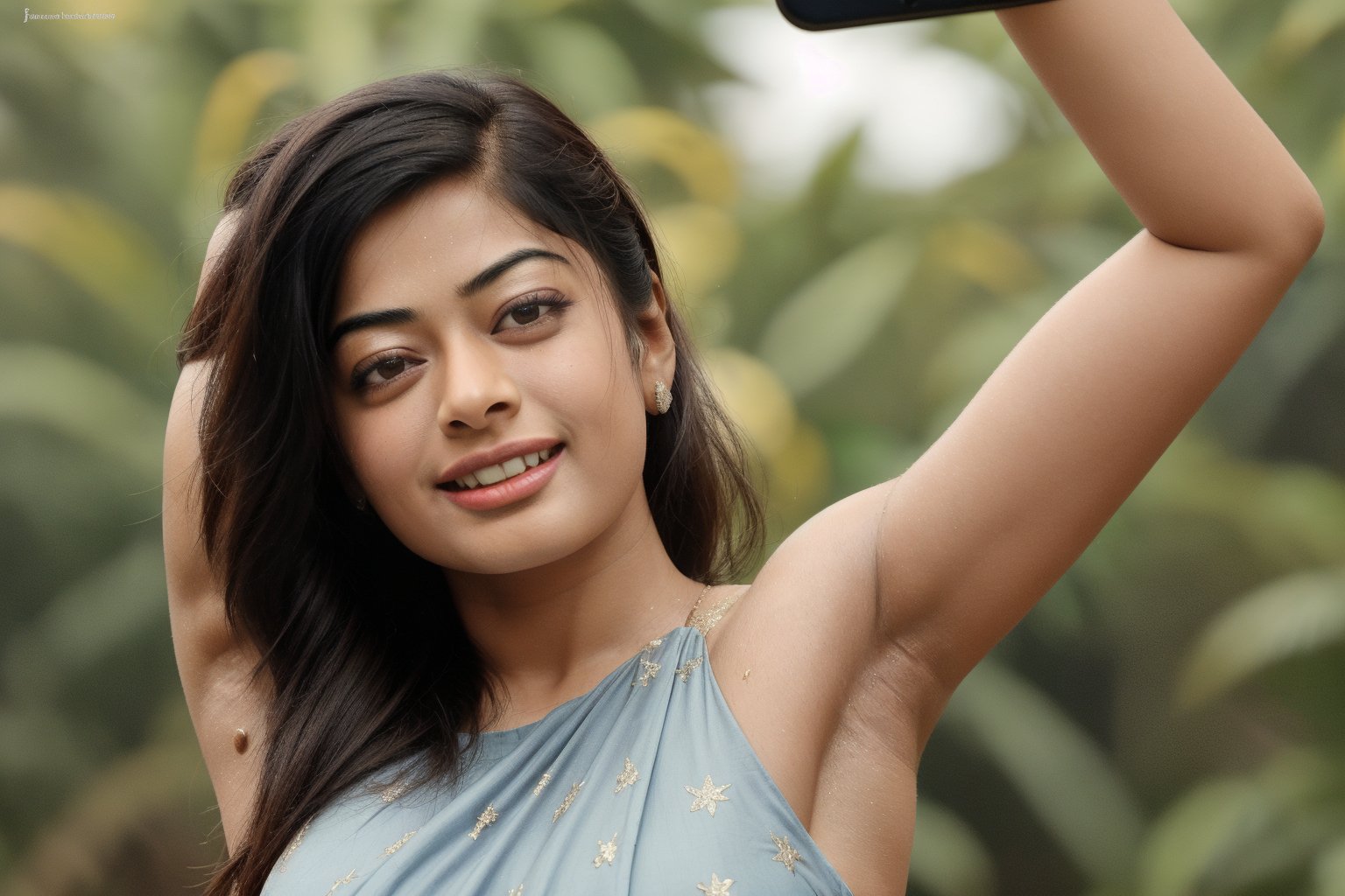 busty rashmika taking a selfie raising her arms, sleeveless, shoulder length hair, pokies, armpit_folds, showing_armpits, armpits, armpit_sweat, upper body, showing armpits, armpit_crease, close up on armpits, high_resolution_skin, photorealistic