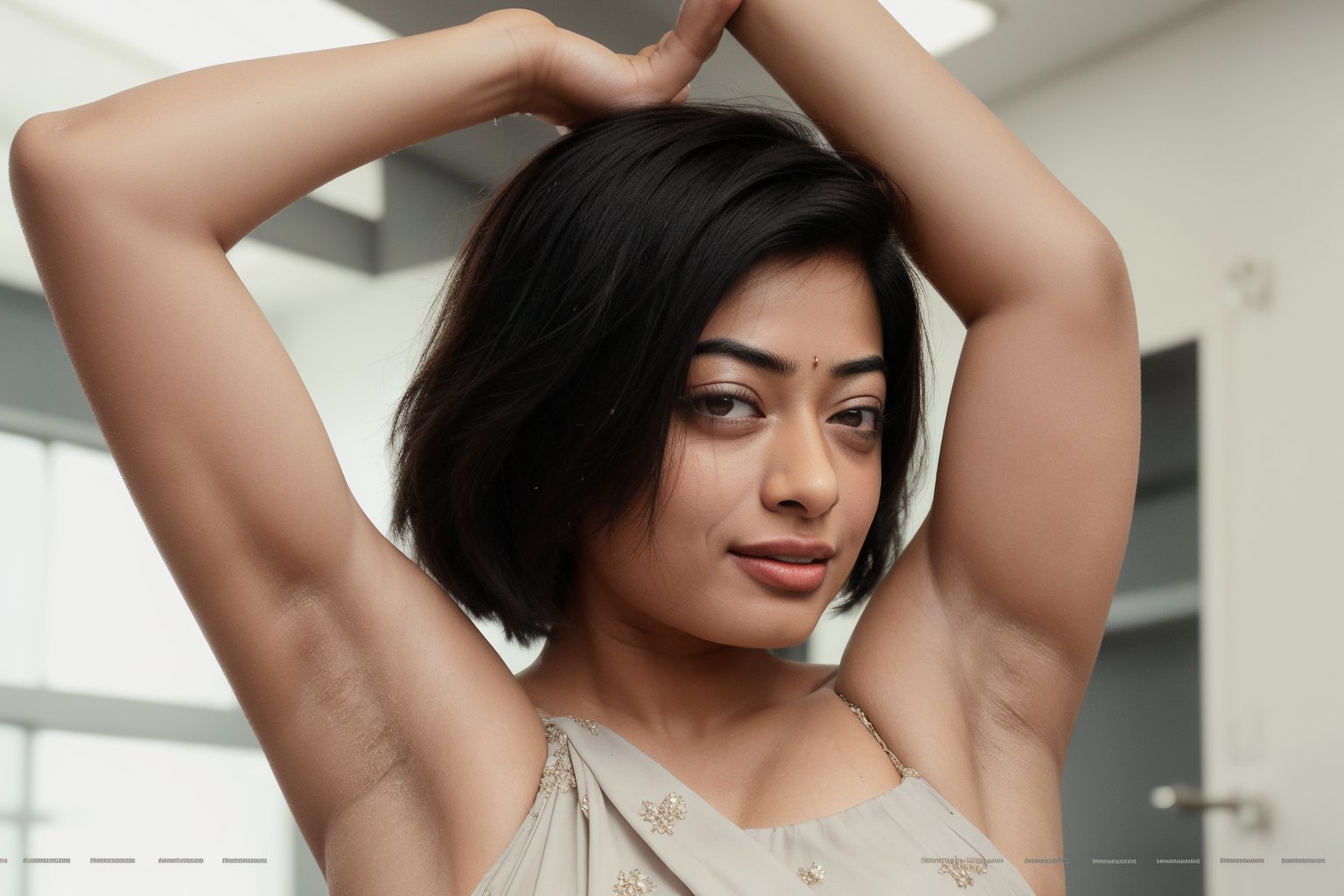 busty rashmika taking a selfie raising her arms, sleeveless, short-hair, pokies, armpit_folds, showing_armpits, armpits, armpit_sweat, upper body, showing armpits, armpit_crease, close up on armpits, high_resolution_skin, photorealistic