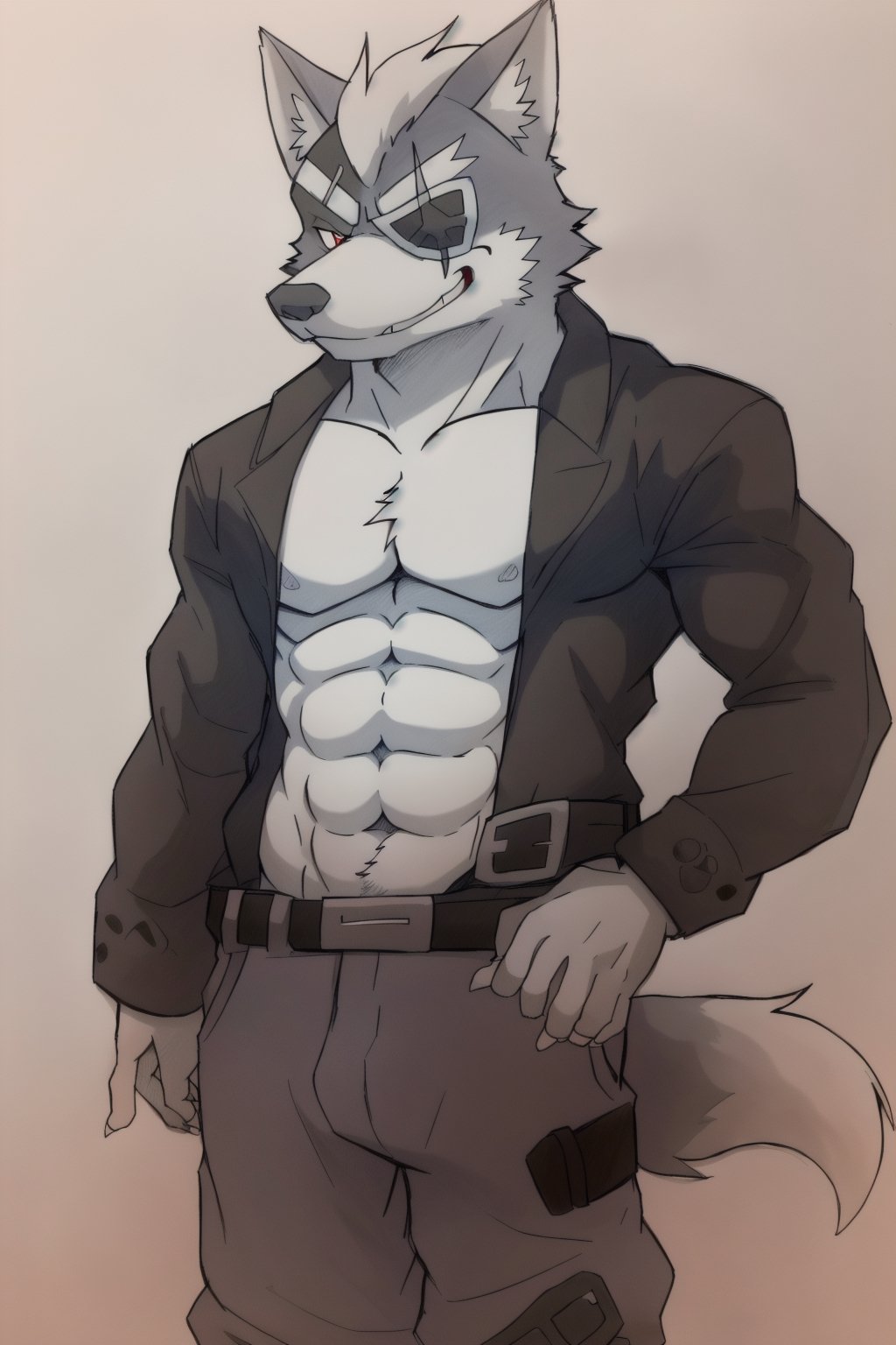 Muscular Wolf O'Donnell with very marked abs shirtless and flexing, a lot of white fur over his chest, V line, looking pleasured, full body, detailed face, smug face, dominant virile look, red crimson iris, eye patch on his left eye (on our right side) white fur only between his pecs and a little over his crotch, but the rest is grey fur all over most parts of his belly and the rest of his body, full grey body. Wolf has male trousers, but his trouser belt is worn. 2D Japanese Anime style art, coloured line art,midjourney,(Pencil_Sketch:1.2