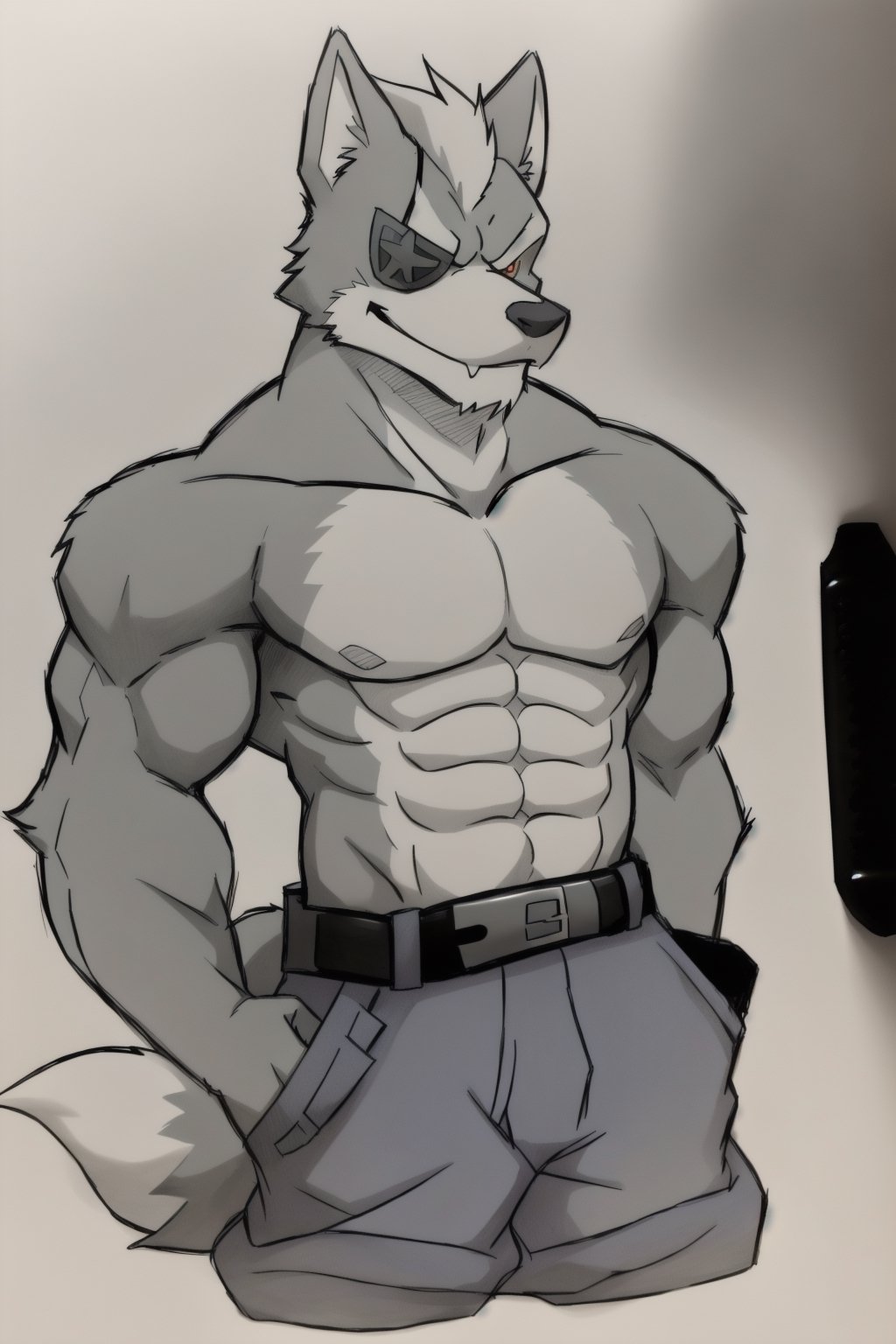 Muscular Wolf O'Donnell with very marked abs shirtless and flexing, a lot of white fur over his chest, V line, looking pleasured, full body, detailed face, smug face, dominant virile look, red crimson iris, eye patch on his left eye (on our right side) white fur only between his pecs and a little over his crotch, but the rest is grey fur all over most parts of his belly and the rest of his body, full grey body. Wolf has male trousers, but his trouser belt is worn. 2D Japanese Anime style art, coloured line art,midjourney,(Pencil_Sketch:1.2