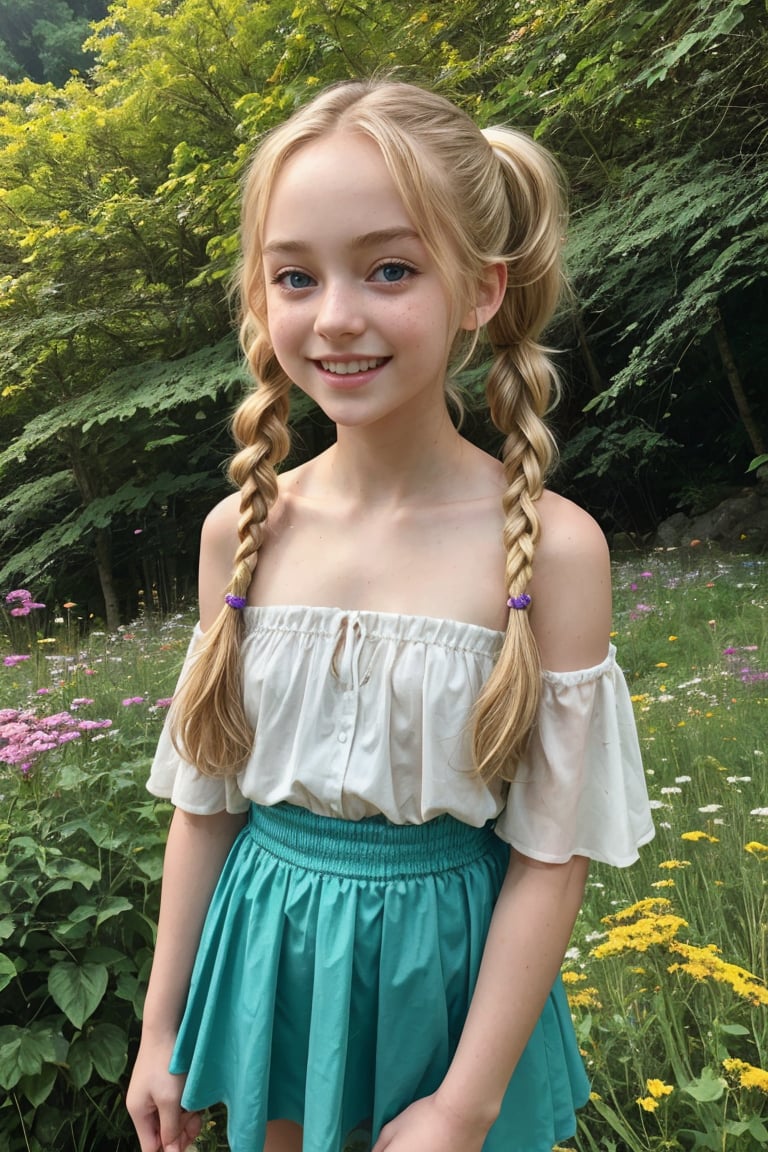 A delicate, freckled-skinned tween girl, bursting with youthful energy, frolics in a lush, emerald-green Austrian alpine garden, surrounded by vibrant wildflowers and the gentle mist of a cascading waterfall. Her bright, cerulean-blue eyes sparkle with joy as she twirls, her golden-blonde pigtails bouncing with each carefree movement. Soft sunlight casts a warm glow on her rosy cheeks, accentuating the beauty of her beaming smile.