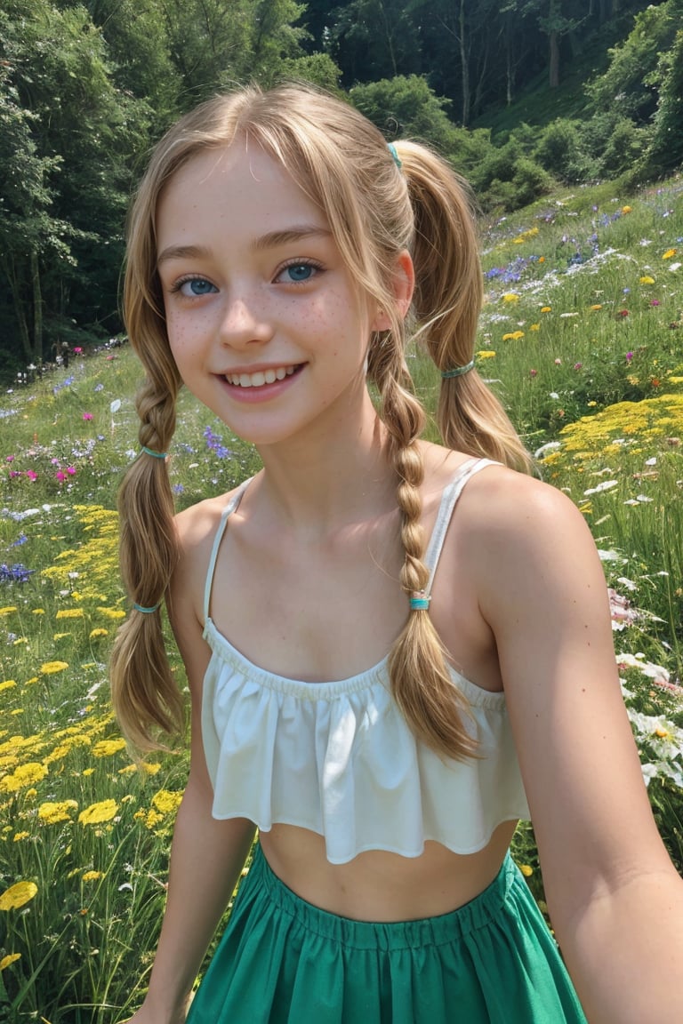 A delicate, freckled-skinned tween girl, bursting with youthful energy, frolics in a lush, emerald-green Austrian alpine garden, surrounded by vibrant wildflowers and the gentle mist of a cascading waterfall. Her bright, cerulean-blue eyes sparkle with joy as she twirls, her golden-blonde pigtails bouncing with each carefree movement. Soft sunlight casts a warm glow on her rosy cheeks, accentuating the beauty of her beaming smile.