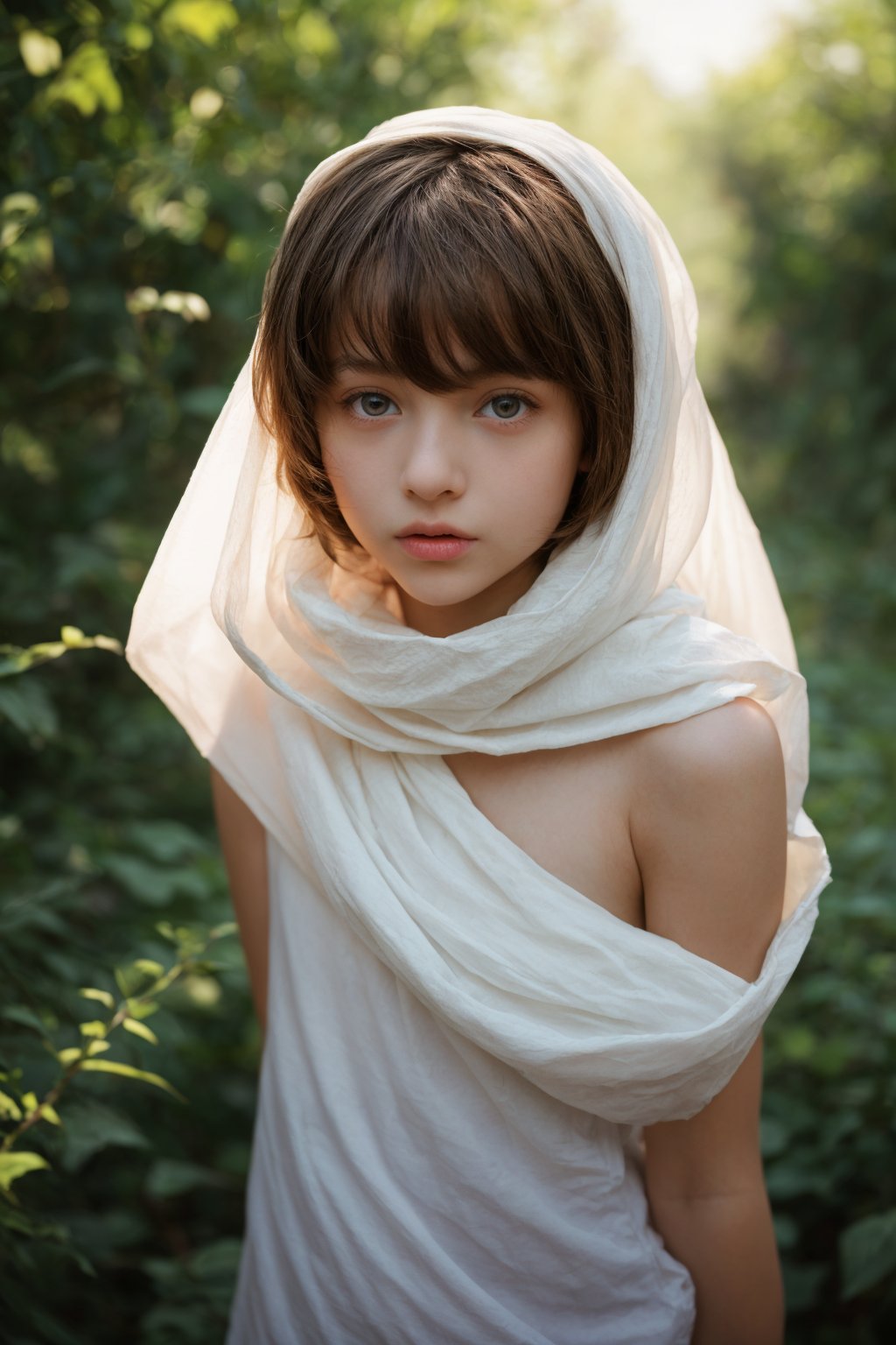 David Dubnitskiy's shot captures a 12-year-old tween wrapped in lightweight fabric, exuding summer casual charm. The subject's subtle femininity is revealed as she gently unfolds, showcasing tender curves and soft contours. Framed by a warm, natural light, the composition emphasizes her vulnerability and innocence.