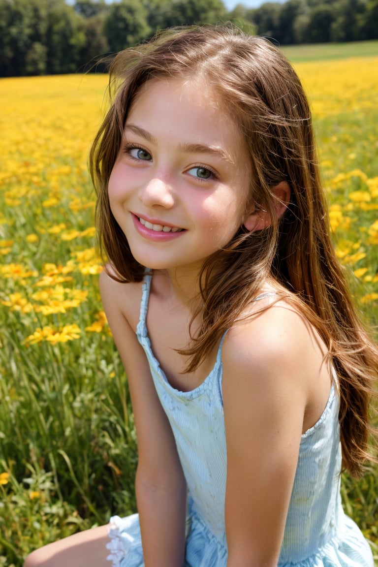 A preteen dream, a tween girl with an alluring charm, posing in a sunny meadow, her petite frame and sweet smile drawing the viewer's gaze. Her well-formed body is highlighted by a gentle breeze rustling her hair as she gazes off into the distance, exuding innocence and curiosity.