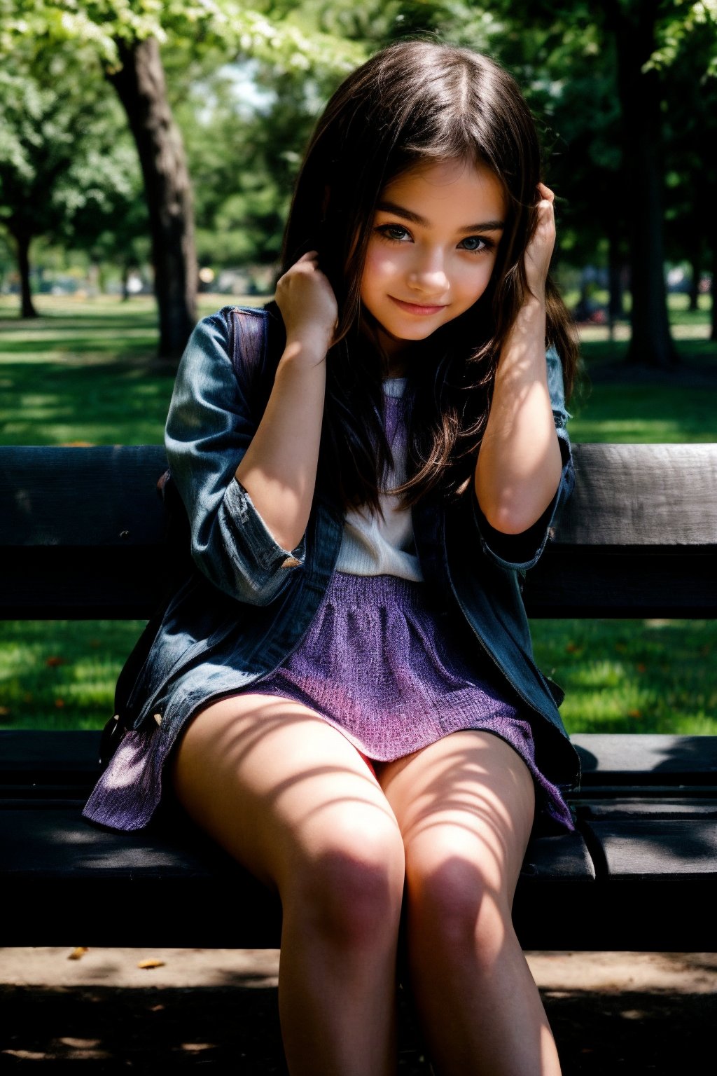 Creepshots Scenario: In a park, I capture a candid photo of a tween girl sitting with open legs on a bench, enjoying a moment that she didn't realize was being photographed.