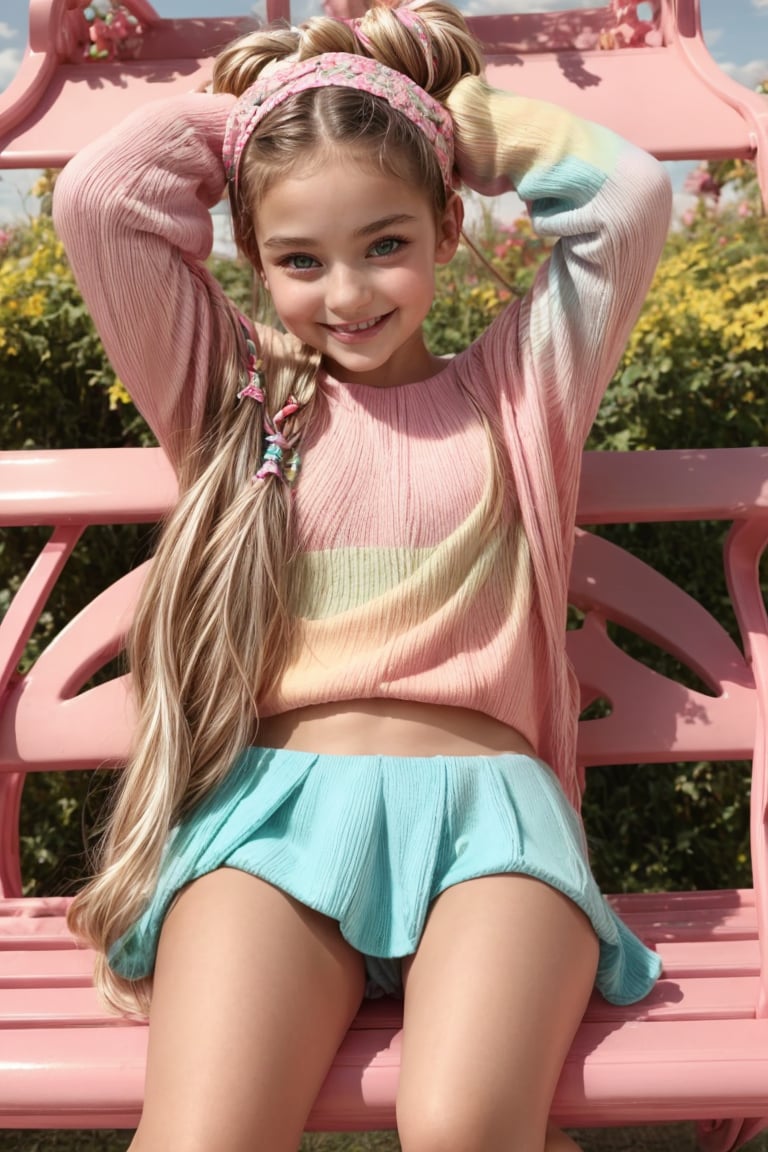 Subject: A petite, fashionable young girl.

Appearance:

Age: Around 12 years old.
Hair: Different styles for each pose, detailed below.
Eyes: Bright and expressive, such as deep blue or green.
Skin: Fair with a natural, youthful glow.
Build: Slim and youthful.
Clothing:

Top: A stylish and trendy top in vibrant pastel colors. Options include:
Off-Shoulder Blouse: Light and airy with playful prints such as flowers or stars in pastel hues like lavender, mint green, or soft pink. Features like ruffles and a small bow at the collar add charm.
Graphic Tee: A fun t-shirt with whimsical designs or characters, like unicorns or rainbows, in pastel colors.
Skirt: A chic and playful skirt in coordinating pastel shades. Examples include:
A-Line Skirt: Falls just above the knee, with a slight flare for ease of movement. Available in cheerful pastel colors like baby blue, peach, or lemon yellow.
Pleated Skirt: Adds a touch of classic style with crisp pleats, available in pastel patterns like gingham or floral.
Knee-High Socks: Complement the skirt with a fun and stylish pair of knee-high socks. Options include:
Solid Pastels: Bright and cheerful colors like pastel pink, blue, or lavender.
Patterns: Stripes, polka dots, or themed designs in pastel shades that add a playful element.
Shoes: Comfortable and stylish footwear to complete the outfit. Choices include:
Ballet Flats: Simple and elegant, available in pastel colors.
Sneakers: Casual and comfortable, with playful designs or pastel embellishments.
Accessories:

Headband: A cute headband with a bow or decorative elements in matching pastel colors.
Bracelet: A small charm bracelet or a colorful band that adds a touch of fun.
Necklace: A delicate pendant necklace that is simple and age-appropriate.
Hairstyles:

Standing Pose:
Pose 1: Hair in soft waves, held back with a pastel-colored headband, one hand on her hip and the other playfully holding her skirt, giving a cheerful smile.
Pose 2: Hair in a high ponytail with a pastel ribbon, standing with both feet together, arms outstretched, and a big, joyful smile, showcasing the full outfit.
Sitting Pose:
Pose 1: Hair in two braided pigtails, sitting cross-legged on the ground, hands resting on her knees, looking up with a bright smile.
Pose 2: Hair in a low bun with a few loose strands framing her face, sitting on a bench or chair with one leg crossed over the other, leaning slightly forward with a playful expression.
Lying Down Pose:
Pose 1: Hair in a messy bun, lying on her stomach with her legs bent at the knees and feet in the air, propped up on her elbows, and smiling at the camera.
Pose 2: Hair in a half-up, half-down style, lying on her back with arms spread out, legs slightly bent, and a relaxed, happy expression.
Setting:

Location: A bright and cheerful environment such as a park, a playground, or a well-decorated room.
Background: Features playful and engaging elements like colorful decorations, a sunny outdoor scene, or a cozy indoor space.
Details: Enhances the overall cheerful and playful atmosphere, with elements like flowers, toys, or art supplies in the background.
Style:

Quality: Hyperrealistic, highly detailed, best quality.
Resolution: 8K, HDR, UHD resolution.
Comparison: Similar to a young fashion model featured in a children’s fashion magazine or an age-appropriate editorial, focusing on the complete outfit and overall style.
Scene and Angle:

Shot: Full-body and mid-range shots, engaging angles that capture the entire outfit and setting.
Emphasis: Highlighting the playful and stylish nature of the clothing while showcasing the girl’s enjoyment and confidence.
