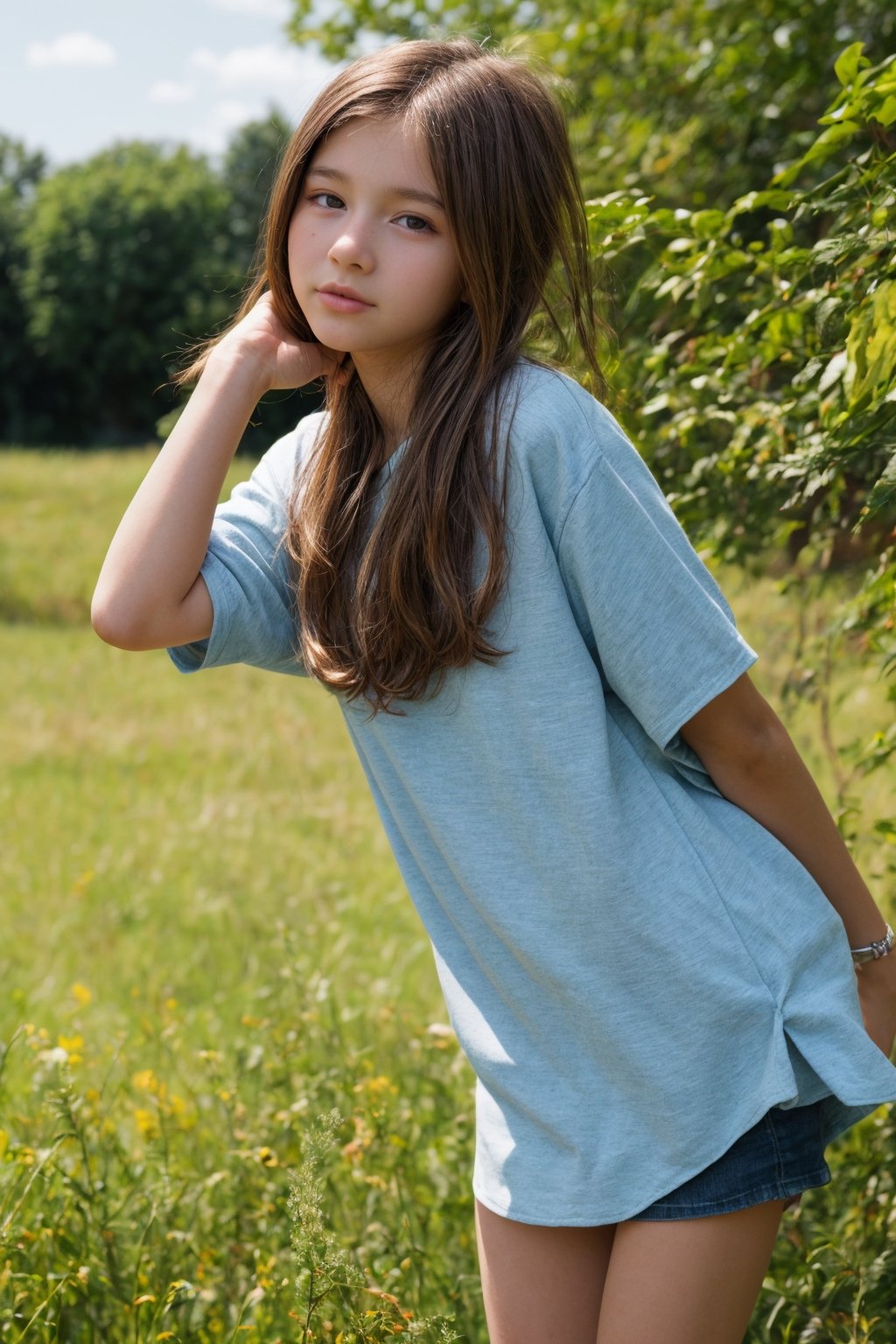 a 12 years old very young Tween In leichten Textil gehüllt, summer casual wear, daily slutty wear, enthüllt die zaghaft aufkeimende Weiblichkeit, während die sanften Rundungen behutsam betont werden. By David Dubnitskiy