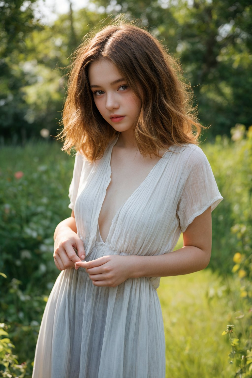 A soft-focus portrait of a young woman, approximately 18 years old, dressed in lightweight summer attire, her casual yet flirtatious outfit hinting at the blossoming femininity within. She stands relaxed, one hand subtly caressing her hip as she gently pulls aside the fabric of her dress, revealing the tender curves beneath. Framed by a shallow depth of field, the subject's face glows with a warm, natural light, while the blurred background creates a sense of intimacy and vulnerability.