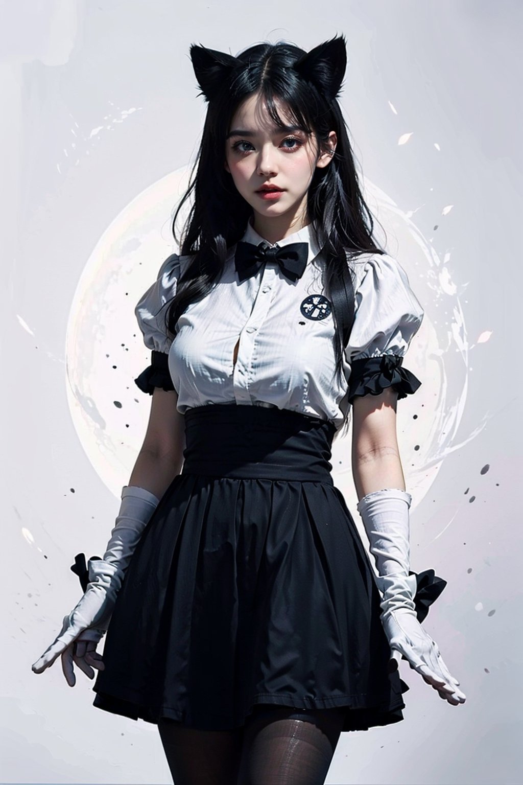 (best quality, realistic:1.2), 1girl star \(symbol\), huge breasts, cat ears,1girl star \(symbol\),bow bowtie clothing cutout puffy sleeves white shirt gloves cat tail black dress black skirt black pantyhose,EpicArt,EpicLogo,DarkTheme