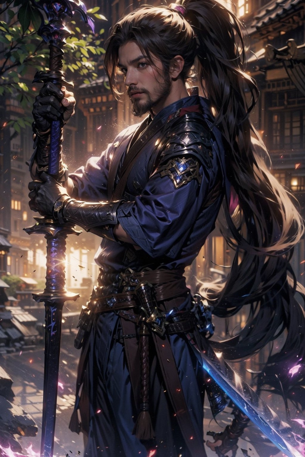 EpicGhost, Yaso, League of Legends, yasuo_ (league_of_legends), 1boy, weapon, male focus, sword, facial hair, solo, beard, sheath, ponytail, brown hair, holding, long hair, holding weapon, armor, brown eyes, outdoors, holding sword, Katana, muscular, tree, looking at the audience, realistic rendering