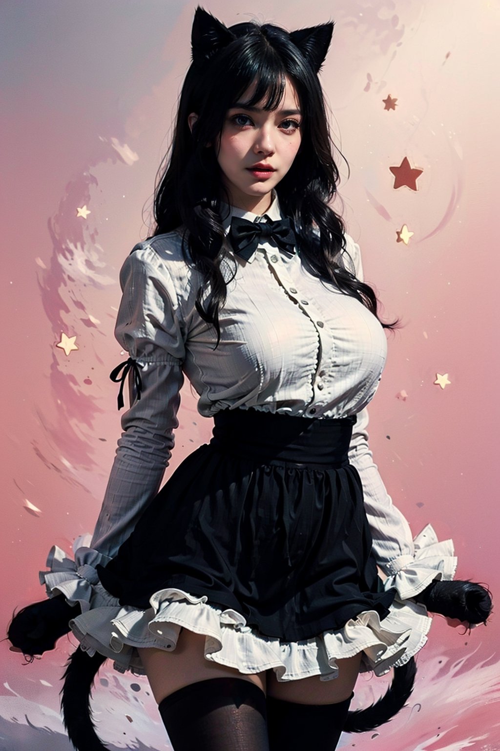 (best quality, realistic:1.2), 1girl star \(symbol\), huge breasts, cat ears,1girl star \(symbol\),bow bowtie clothing cutout puffy sleeves white shirt gloves cat tail black dress black skirt black pantyhose,EpicArt,EpicLogo,DarkTheme