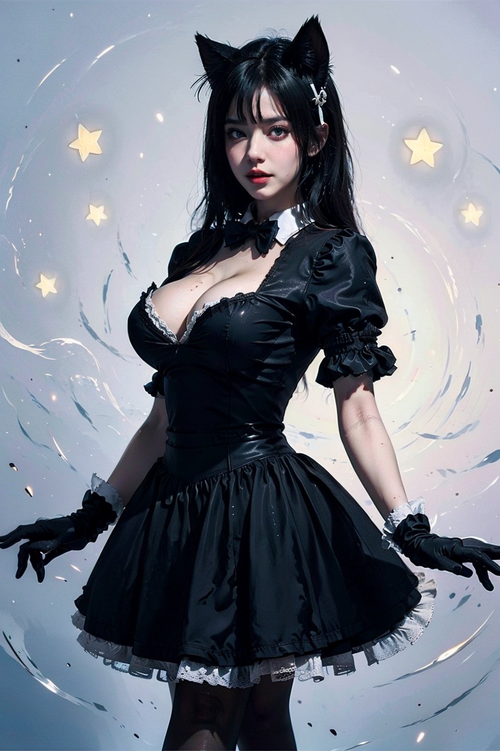 (best quality, realistic:1.2), 1girl star \(symbol\), huge breasts, cat ears,1girl star \(symbol\),bow bowtie clothing cutout puffy sleeves white shirt gloves cat tail black dress black skirt black pantyhose,EpicArt,EpicLogo,DarkTheme