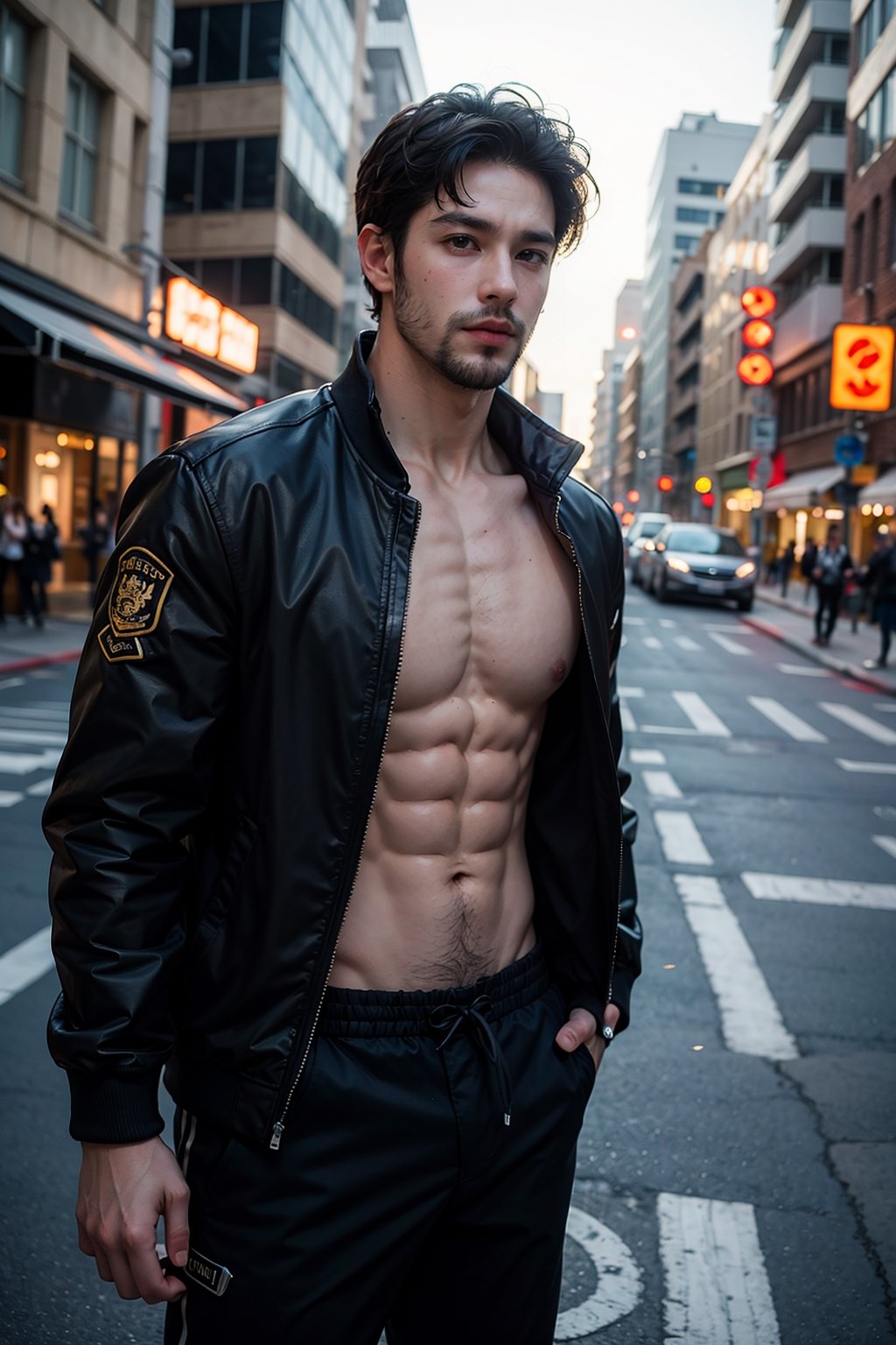 1boy, beard, abs body, outdoors, in city, black jacket