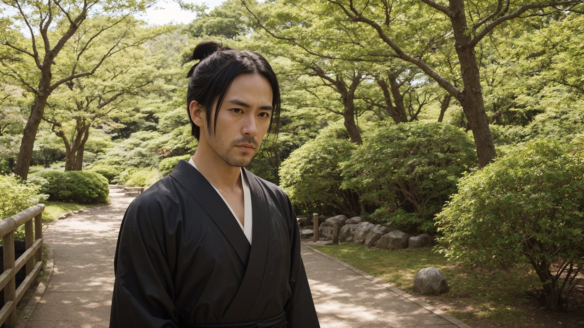 1male, samurai, handsome, 35 years old, pensive, best quality, ultra detailed, ultra realistic, ultra sharp, 8k, colorful hakama, chonmage, detailed face, cinematic, japanese park path, upper body, beard, front view, sunny weather, soft lighting, detailed clothes, raised head, 