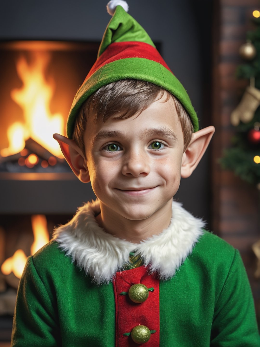 photo r3al, masterpiece, best quality, cartoon, 8k, ultra detailed, santa's elf, young male, smirking, green santa's elf outfit, fireplace, (((closeup))), portrait, 