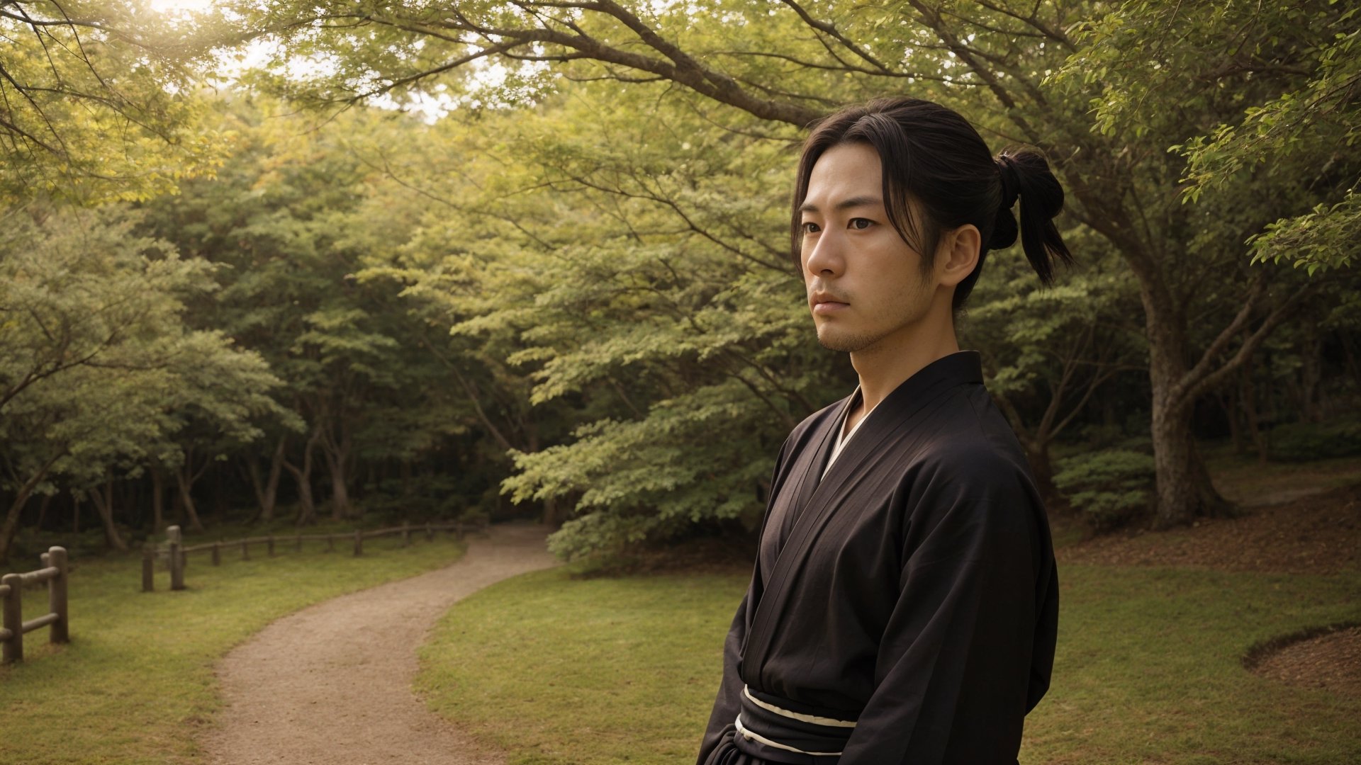 1male, samurai, handsome, 30 years old, serious, best quality, ultra detailed, ultra realistic, ultra sharp, 8k, colorful hakama, chonmage, detailed face, cinematic, japanese park path, upper body, beard, front view, warm lighting, rule of thirds. detailed clothes, raised head, 