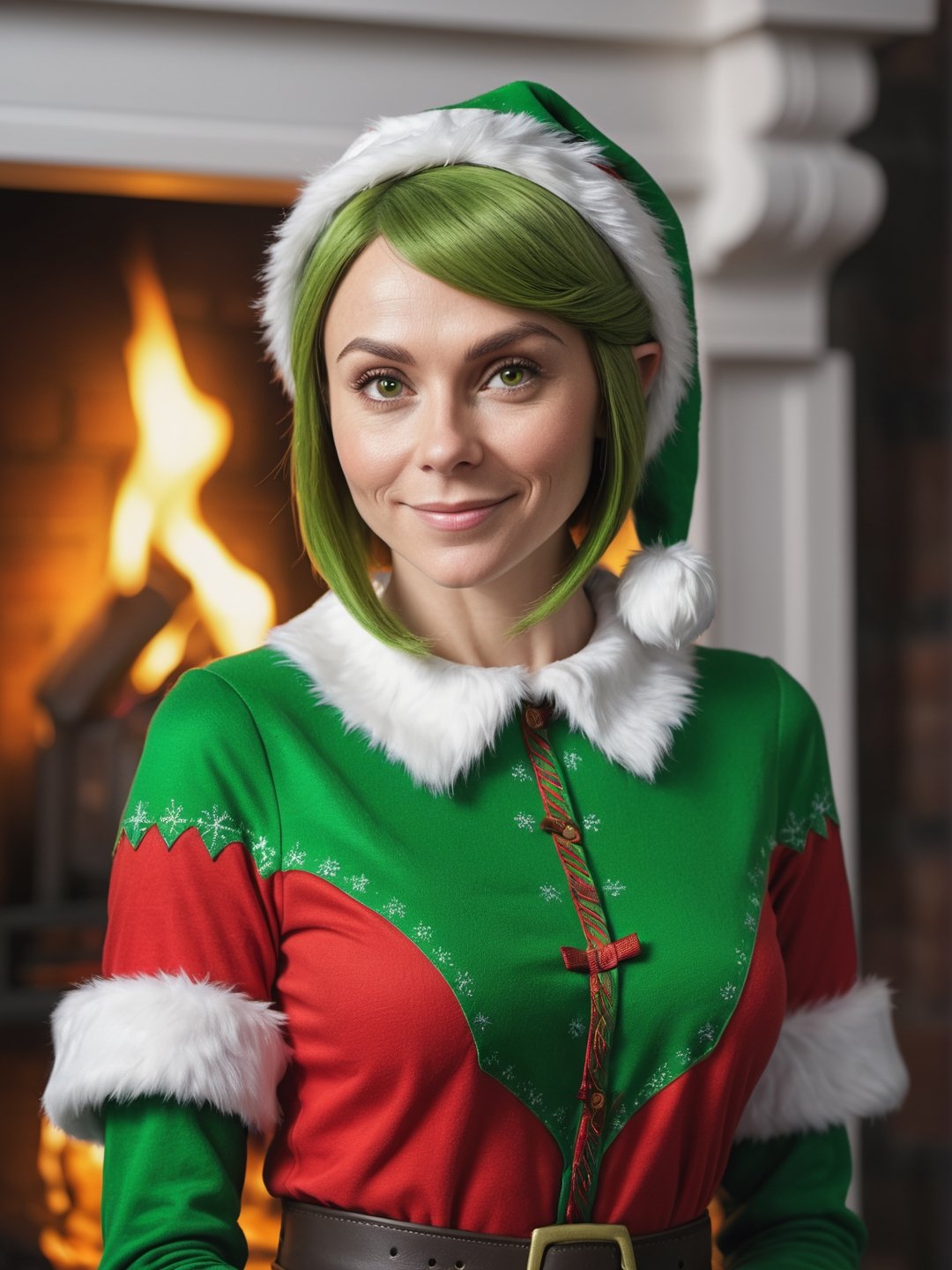 photo r3al, masterpiece, best quality, cartoon, 8k, ultra detailed, solo female, smirking, green santa's elf outfit, fireplace, (((closeup))), portrait, standing, 