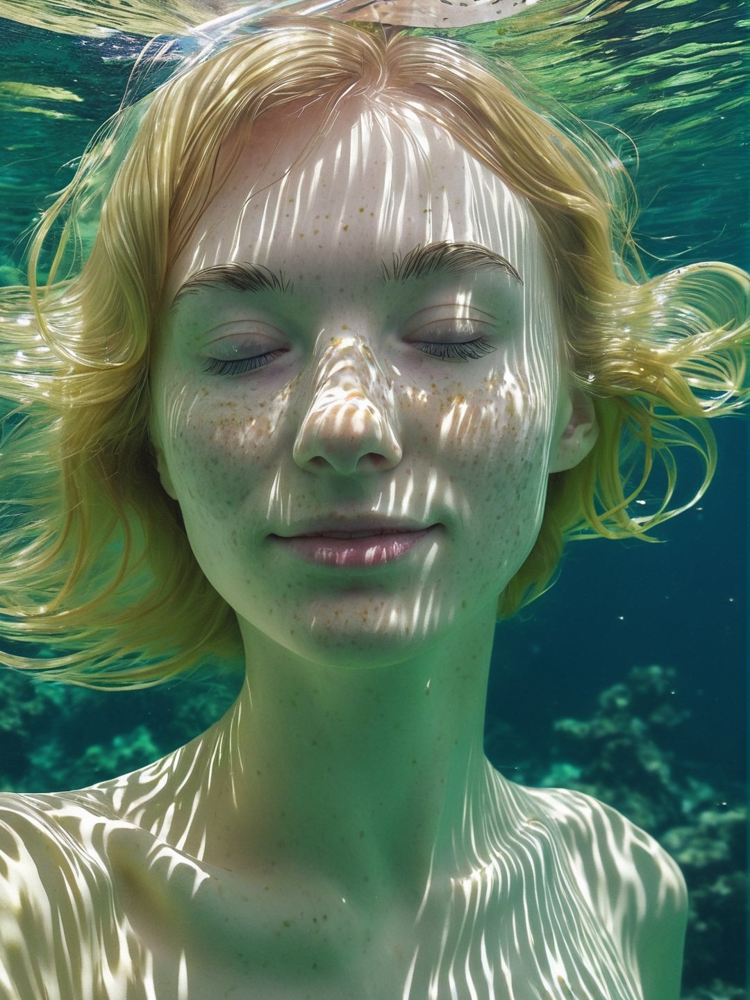 photo r3al, best quality, adult female, relaxed, blonde, freckled, underwater, photorealistic, ultra realistic, (small breasts), upper body, realistic eyes, (sea plants:0.5), (bubbles:0.5), nude, naked, nsfw, upper body, skinny, waves, swimming, (closed mouth), detailed face, (((closed eyes))), happy, messy hair
