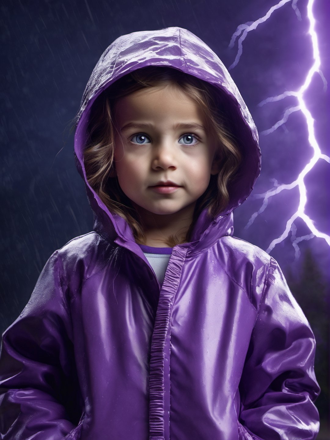 photo r3al, best quality, ultra realistic, ultra detailed, cute little girl, empty dark street, night, (((lightning in the sky))), wink, smirk, thunderstorm, purple jacket, hood, photorealistic, real photo, 8k, realistic eyes, detailed face, upper body, looking at viewer, facing viewer, moonlight, soaked, 