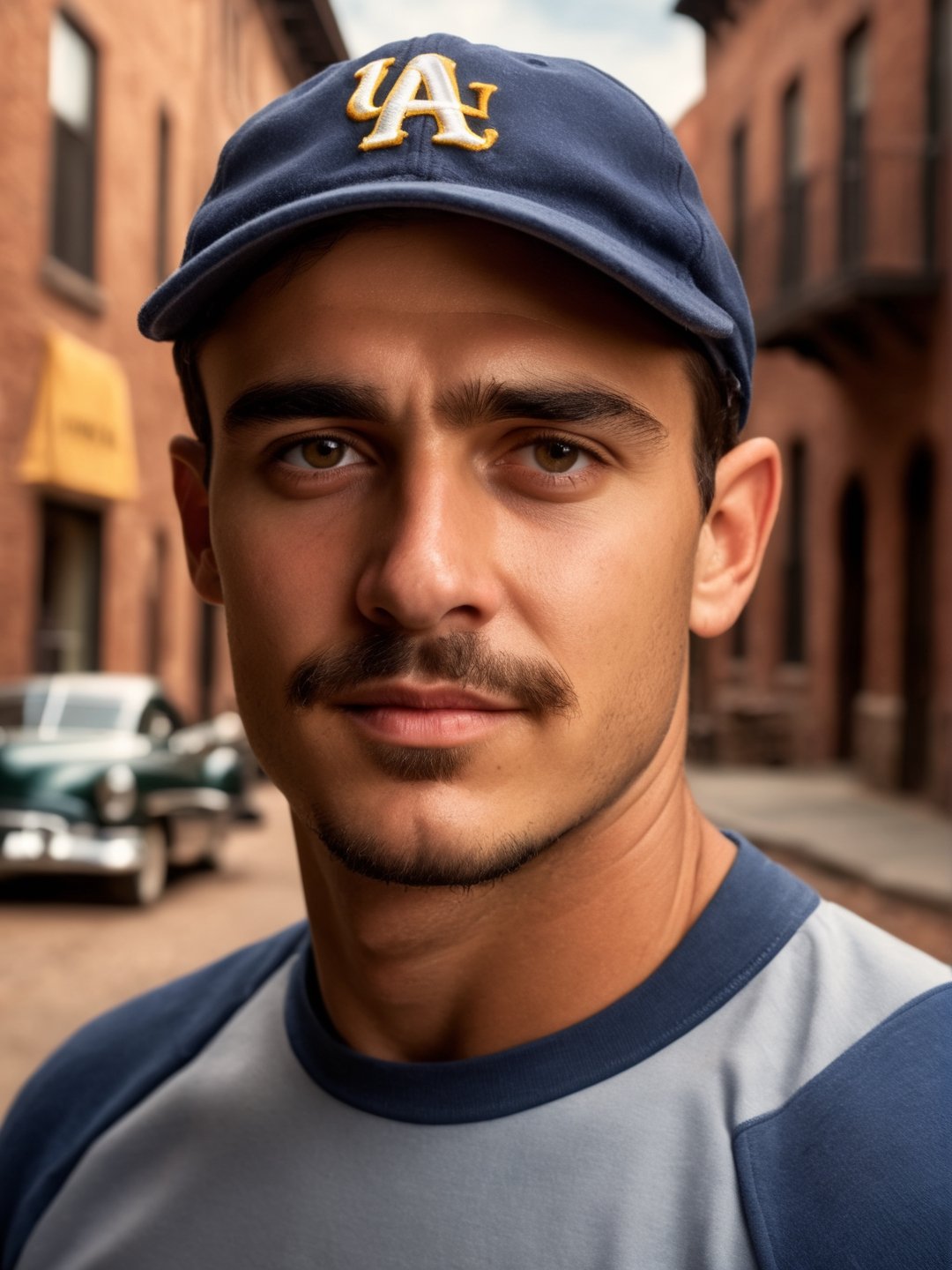 40's style, best quality, ultra quality, 8k, photorealistic, american, masterpiece, ultra realistic, hyperrealistic photography of young bandit, old town, baseball cap, professional photography, portrait, handsome, natural face, 