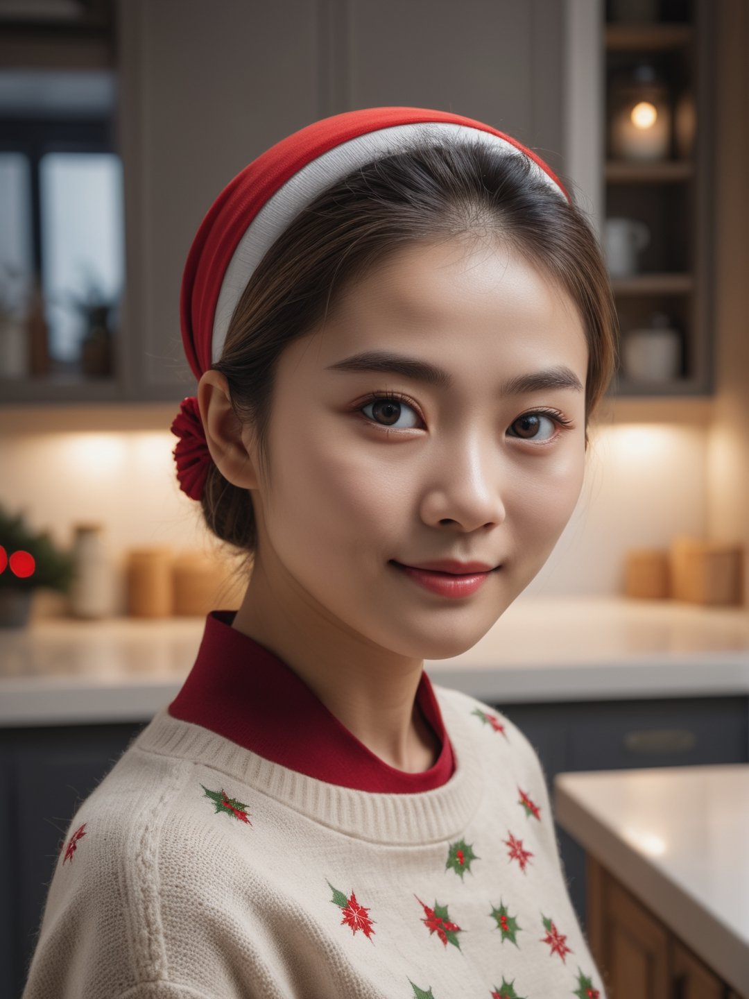 photo r3al, masterpiece, best quality, young asian woman, adult, black eyes, professional photography, 8k, ultra realistic, delicate face, clean face, mysterious, closed mouth, in the luxury kitchen, raised head, warm lighting, wearing top, christmas themed kitchen, closed mouth, smirking, realistic eyes, hairband