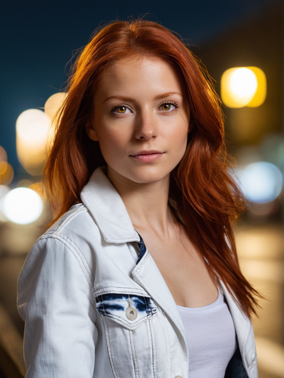 photo r3al, solo female, exotic, redhead, white jeans jacket, (closed mouth:1.5), 25 years old, facing viewer, looking at viewer, front view, masterpiece, photorealistic, hyperdetailed photography, city lights, night, depth of field, warm lighting, outdoors, dimples, (((closeup, small breasts))), realistic eyes, detailed eyes, 