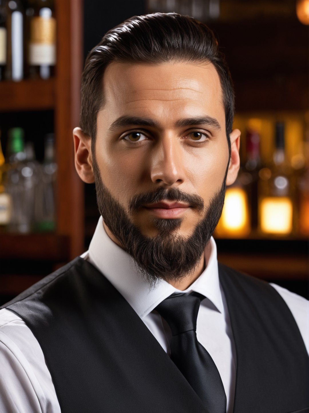 photo r3al, photorealistic, masterpiece, hyperdetailed photography, solo male, bartender, best quality, 8k, ultra quality, ultra detailed, closed mouth, warm lighting, bar counter, 30 years old, ((closed mouth, closeup)), dark hair, long ponytail, beard