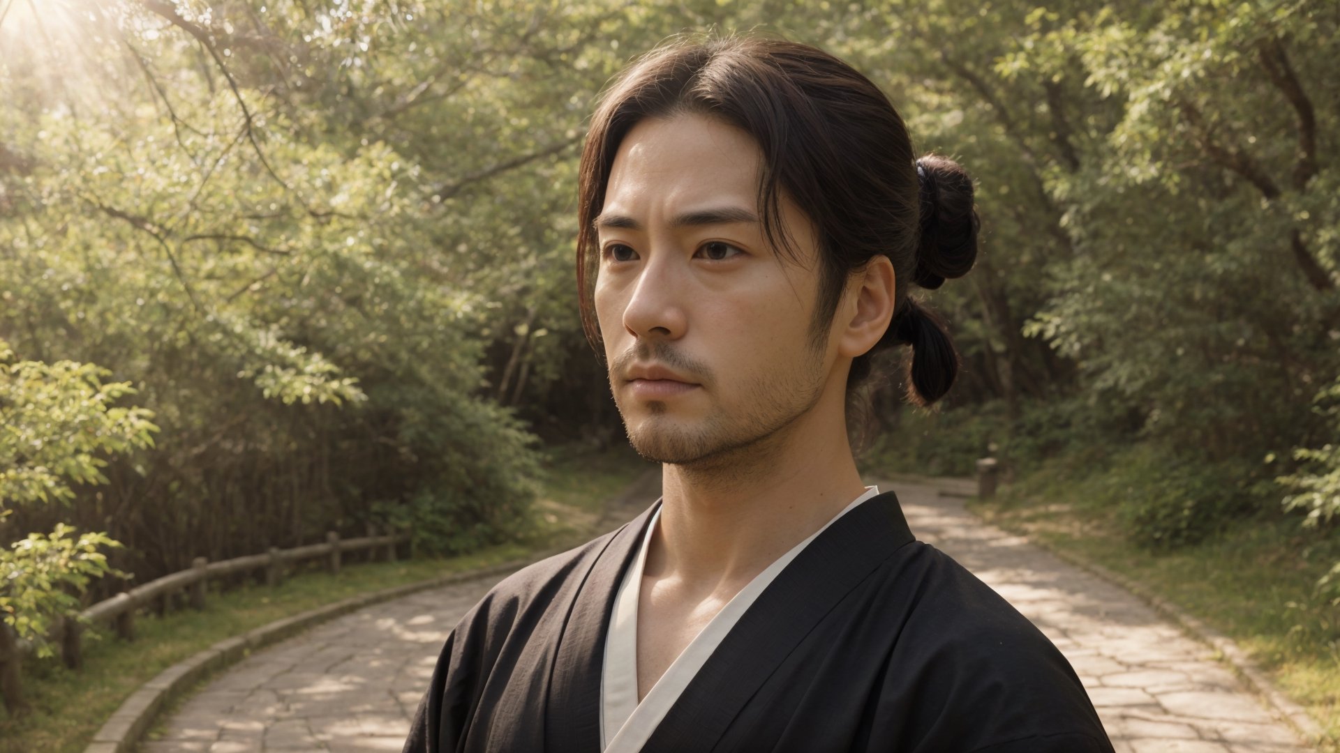 1male, samurai, handsome, 35 years old, pensive, best quality, ultra detailed, ultra realistic, ultra sharp, 8k, colorful hakama, chonmage, detailed face, cinematic, japanese park path, upper body, beard, front view, sunshine, soft light, detailed clothes, raised head, 