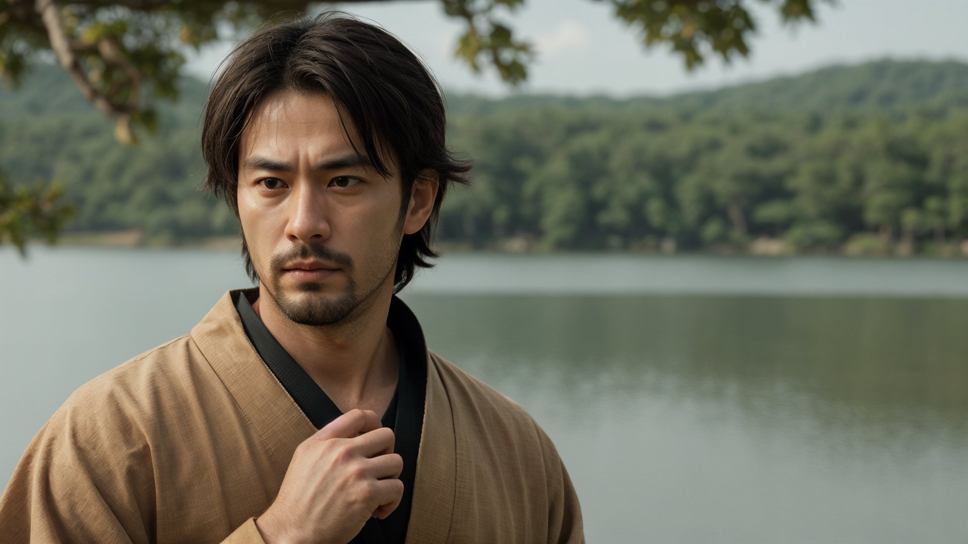 1guy, samurai, 30 years old, serious, best quality, ultra detailed, ultra realistic, 8k, samurai clothing, samurai haircut, very detailed face, hair blowing in the wind, lake, cinematic, japanese yard, upper body, beard