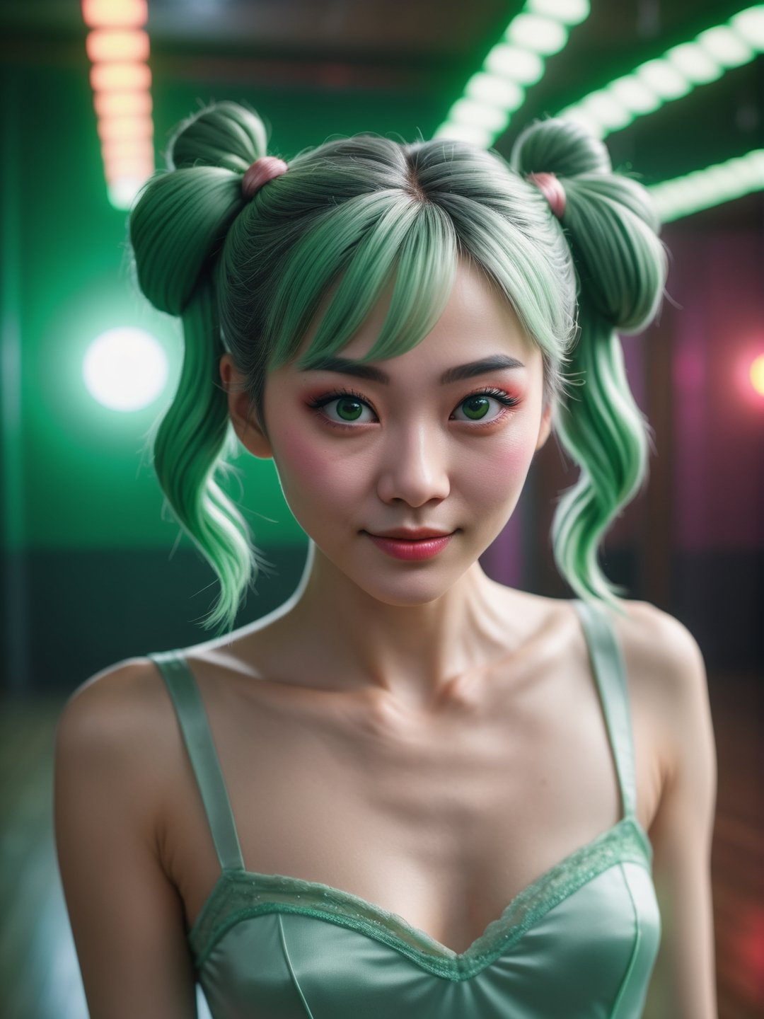 photo r3al, masterpiece, best quality, ultra realistic, 8k, ultra detailed, solo female, adult, chinese, green hair, double bun, ballerina, empty dance hall, room, (((closeup))), portrait, smirking, disco lights, detailed face, detailed eyes, 