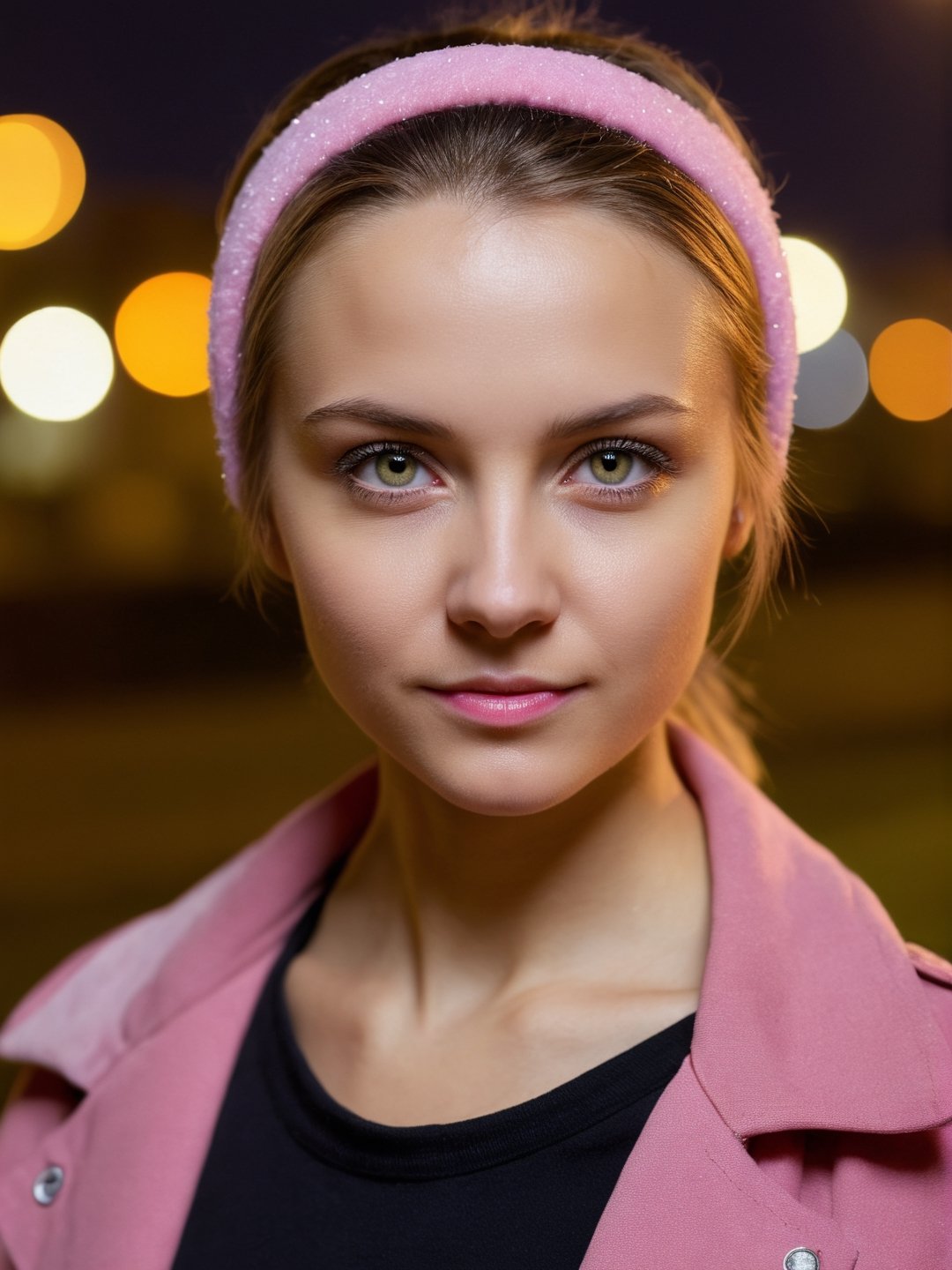 photo r3al, solo female, ukrainian, dark blonde, hairband, pink jacket, (closed mouth:1.5), 25 years old, facing viewer, looking at viewer, front view, masterpiece, photorealistic, hyperdetailed photography, city lights, night, depth of field, warm lighting, outdoors, dimples, (((closeup, small breasts))), realistic eyes, detailed eyes, white skin