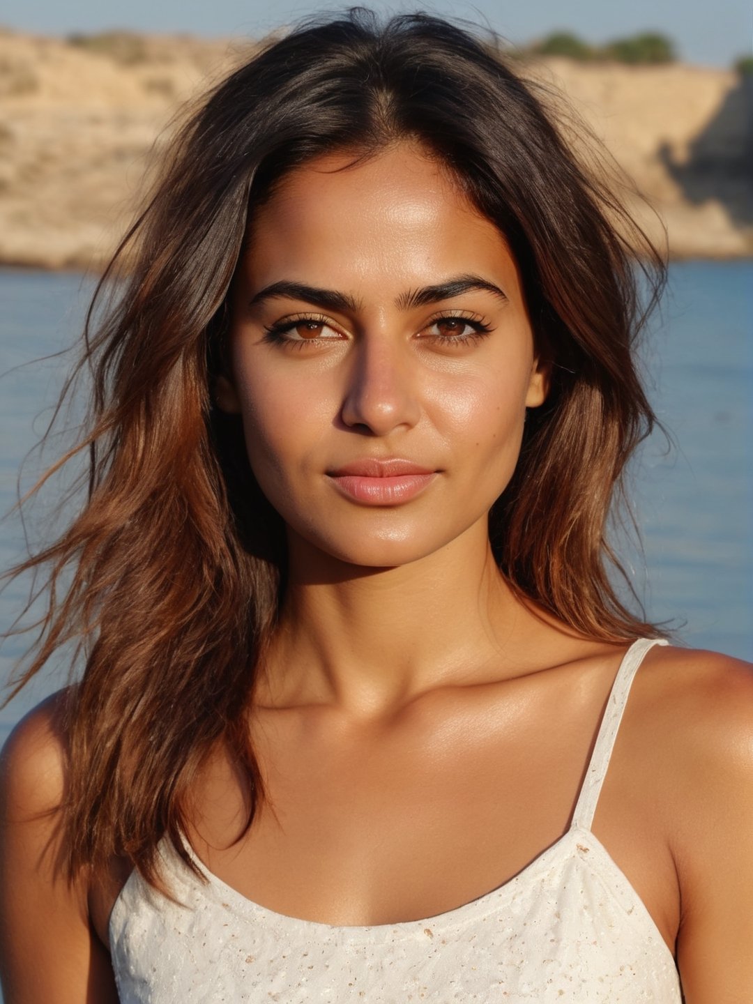 (photorealistic), (masterpiece), real photo, 8k UHD, solo female, punjabi, best quality, ultra quality, ultra detailed, realistic eyes, ultra realistic, photography, standing, beach, sunny weather, warm lighting, outdoor, beach, upper body, messy hair, tanned skin, white dress, (((closed mouth))), natural beauty, (closeup face), smirk