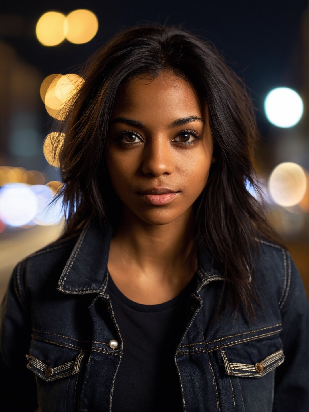 photo r3al, solo female, black skin, black eyes, black hair, black jeans jacket, (closed mouth:1.5), 25 years old, facing viewer, looking at viewer, front view, masterpiece, photorealistic, hyperdetailed photography, city lights, night, depth of field, warm lighting, outdoors, dimples, (((closeup, small breasts))), realistic eyes, detailed eyes, 