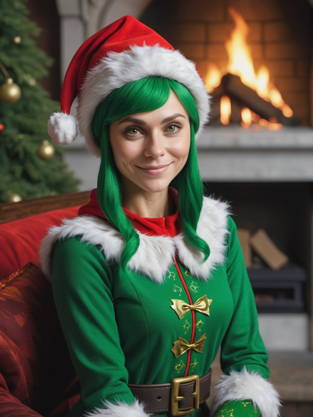 photo r3al, masterpiece, best quality, cartoon, 8k, ultra detailed, santa's elf, solo female, smirking, green santa's elf outfit, fireplace, (((closeup))), portrait, 