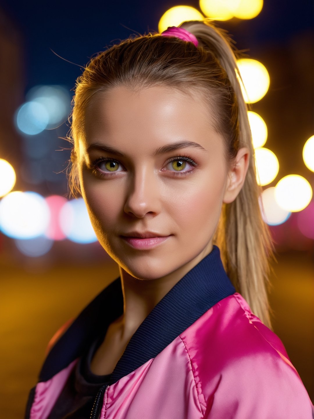 photo r3al, solo female, ukrainian, dark blonde, ponytail, pink jacket, (closed mouth:1.5), 25 years old, facing viewer, looking at viewer, front view, masterpiece, photorealistic, hyperdetailed photography, city lights, night, depth of field, warm lighting, outdoors, dimples, (((closeup, small breasts))), realistic eyes, detailed eyes, white skin